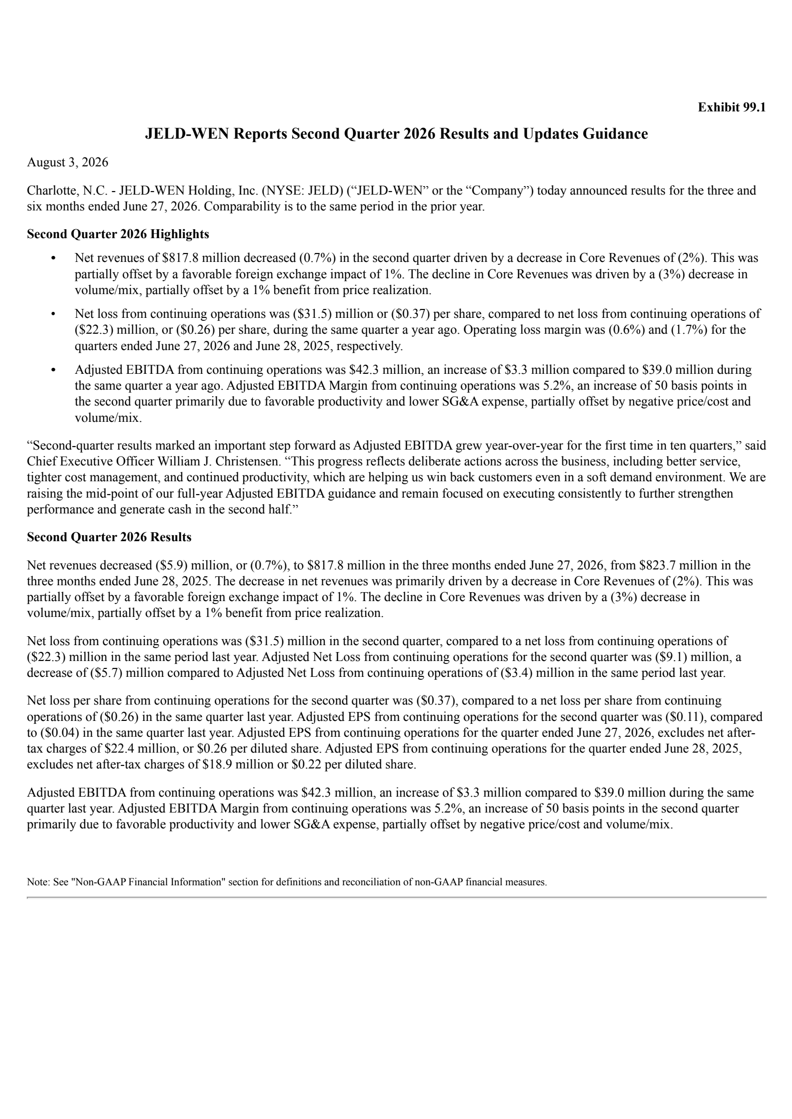 JELD-WEN's Q2 2026 Press Release