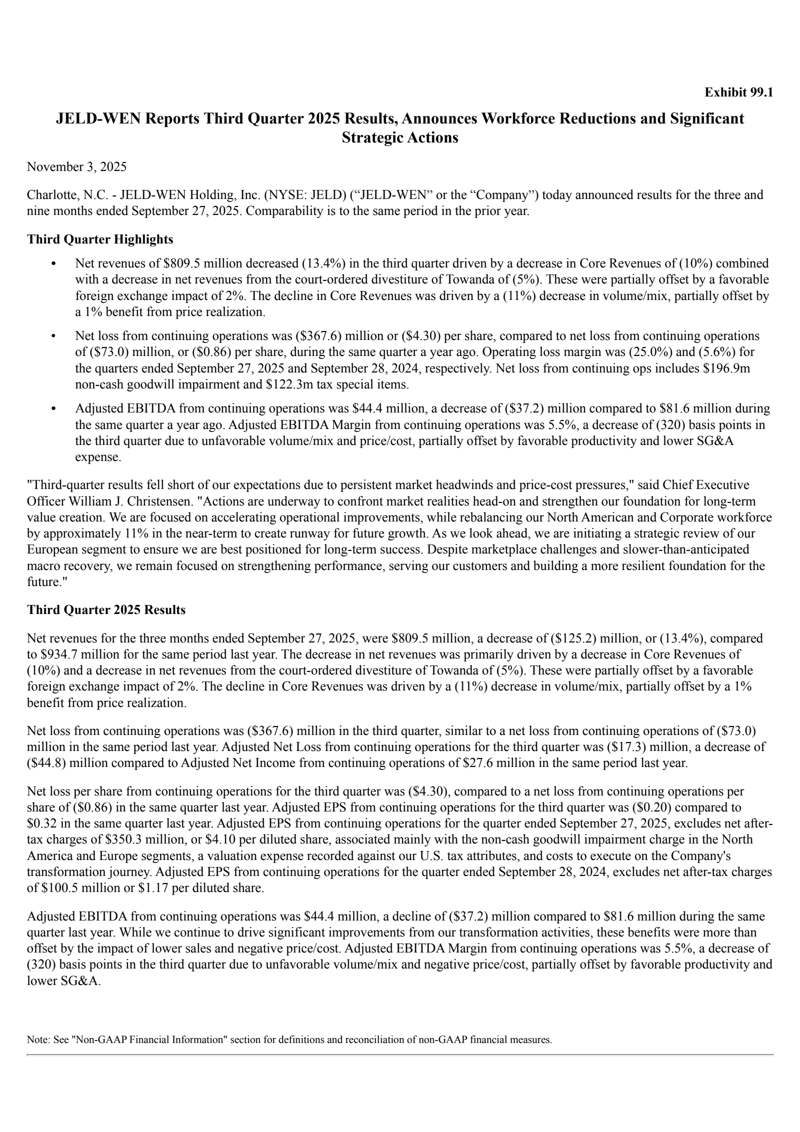 JELD-WEN's Q3 2025 Earnings Release