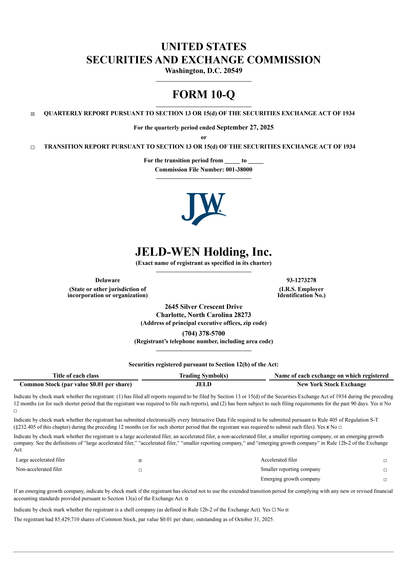 JELD-WEN's Q3 2025 Quarterly Report