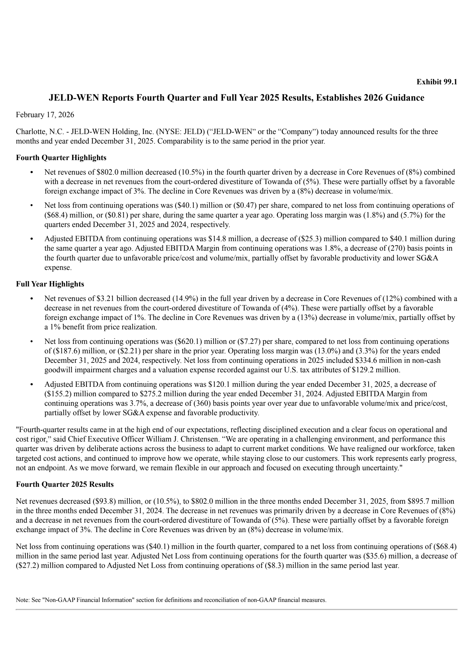 JELD-WEN's Q4 2025 Press Release