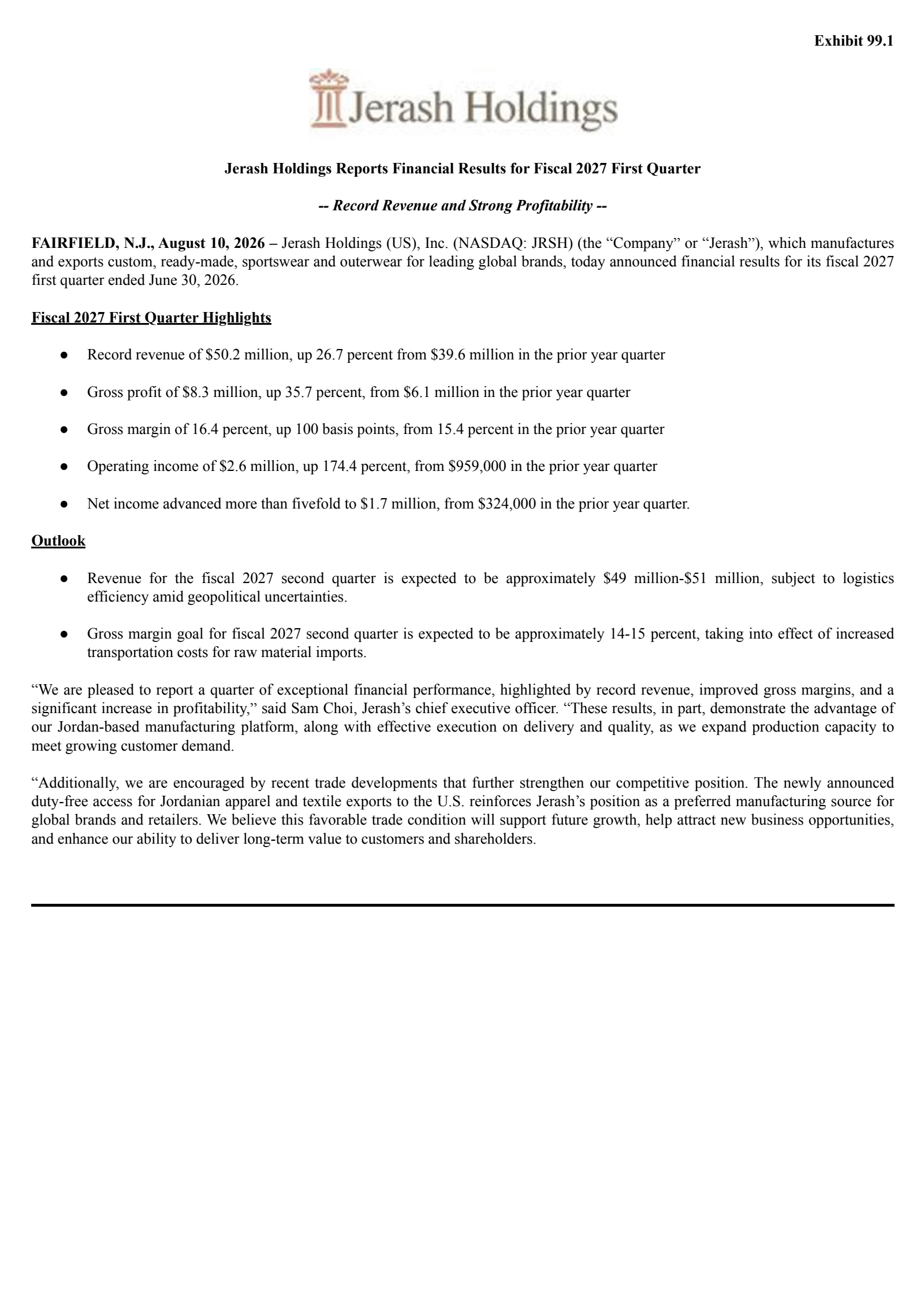 Jerash Holdings (US)'s Q1 2027 Press Release
