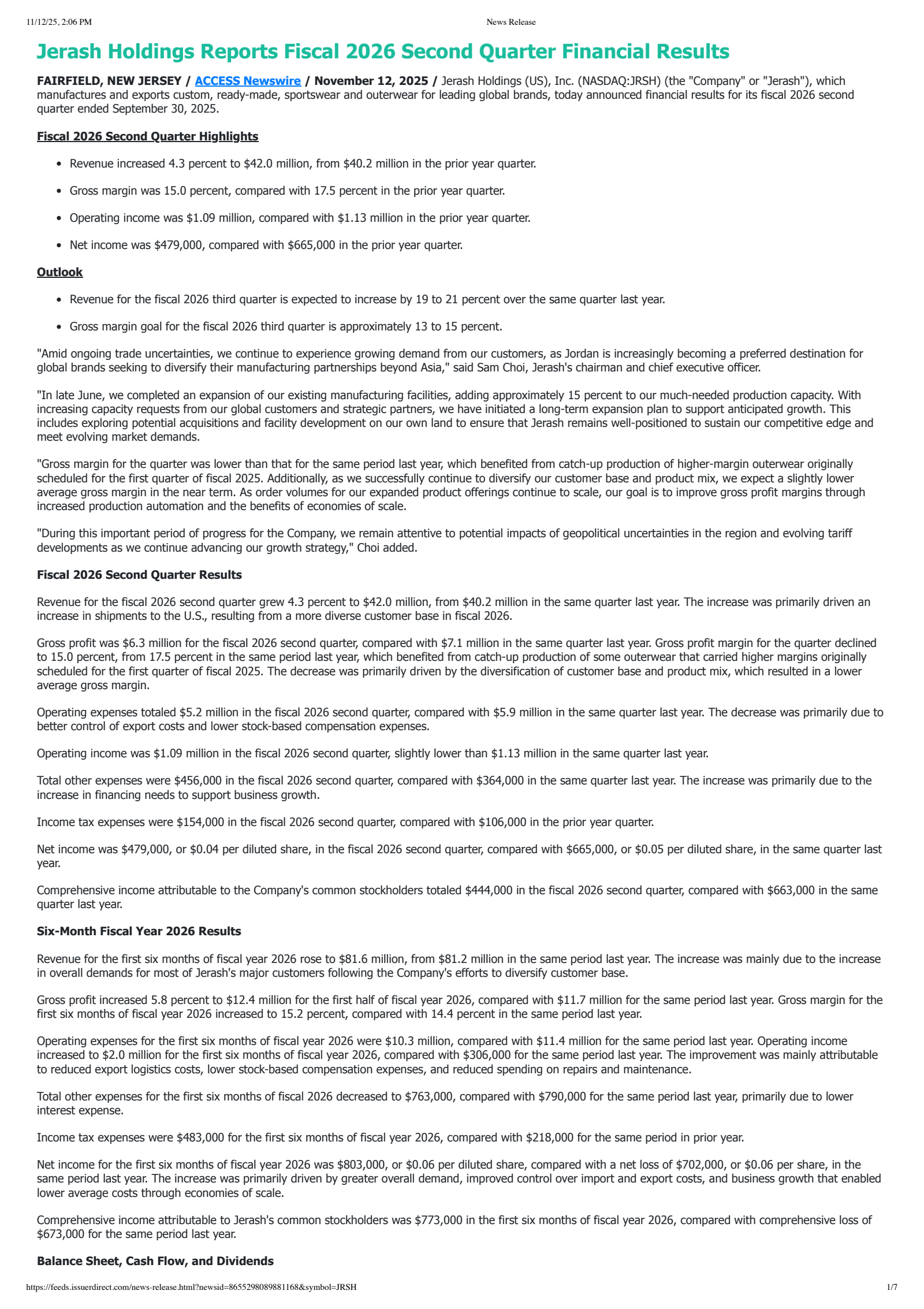 Jerash Holdings (US)'s Q2 2026 Earnings Release