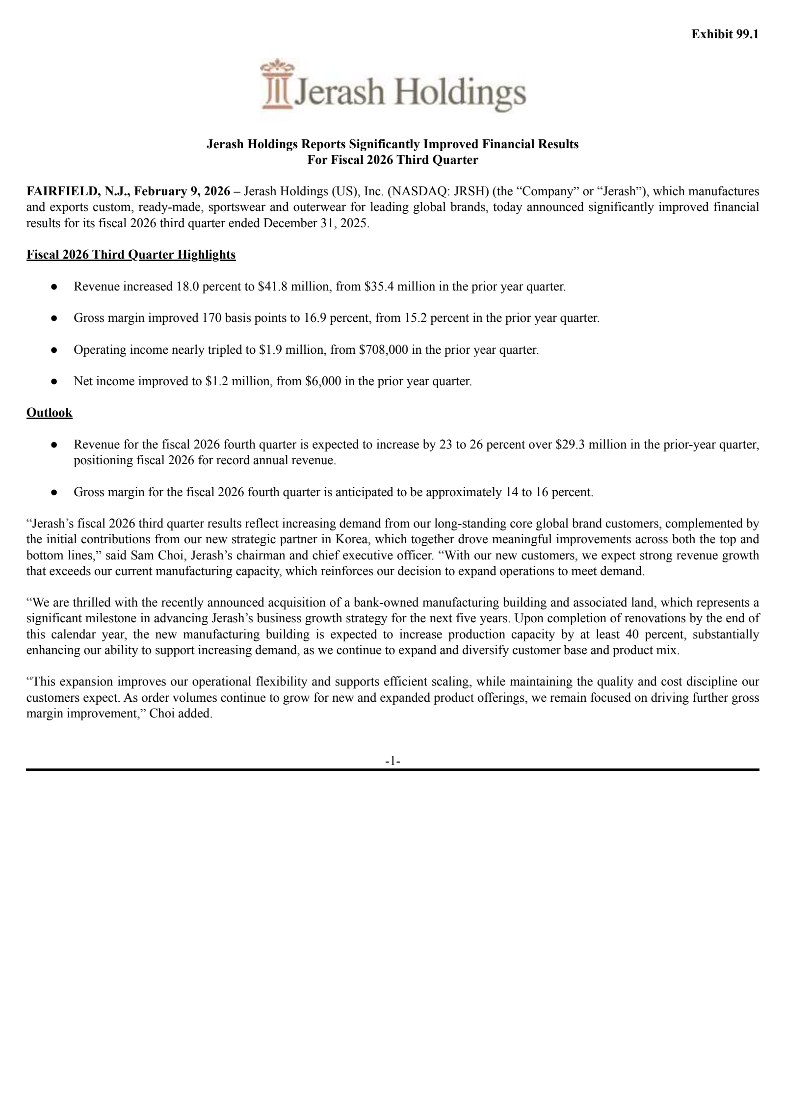 Jerash Holdings (US)'s Q3 2026 Press Release