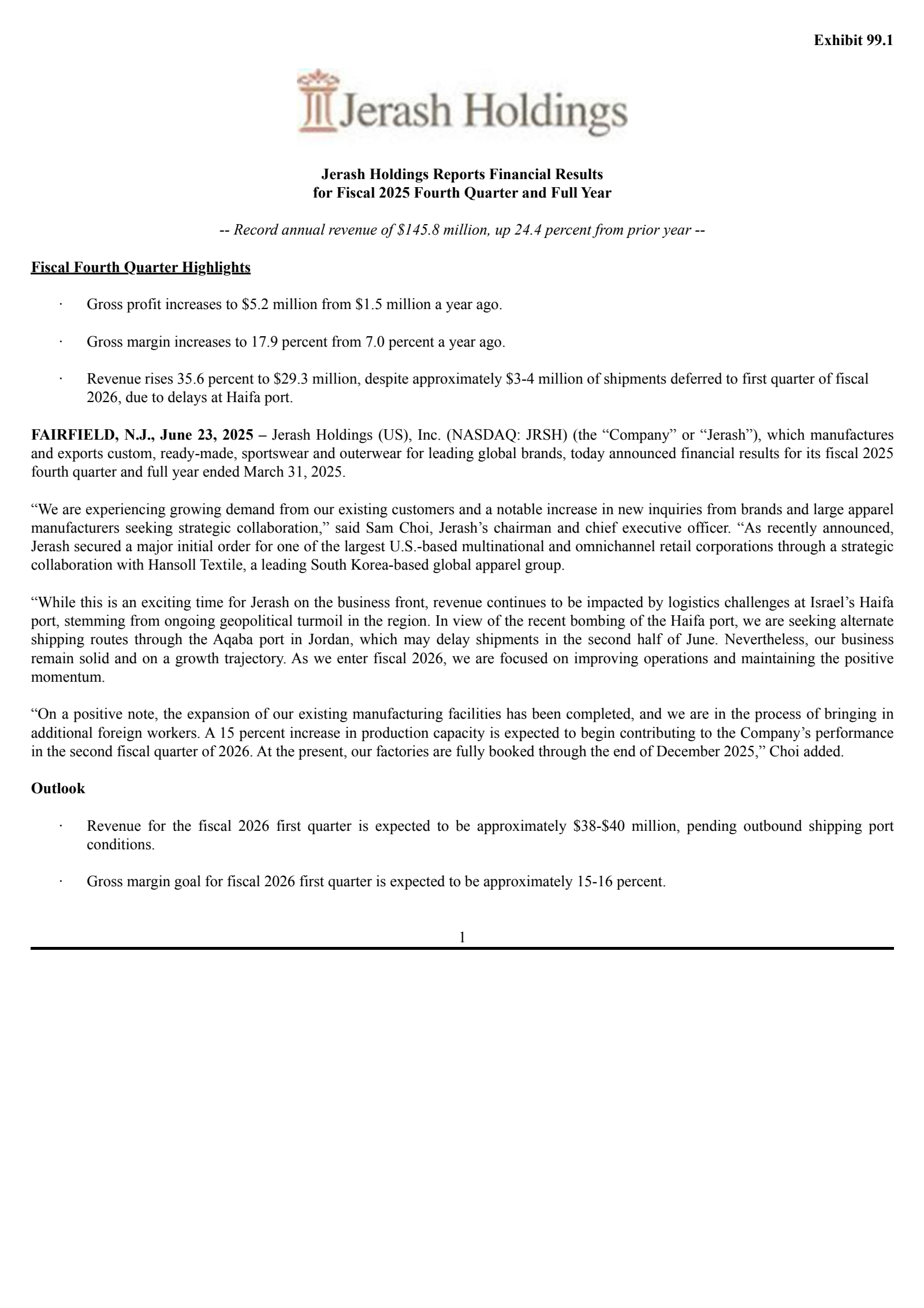 Jerash Holdings (US)'s Q4 2025 Press Release
