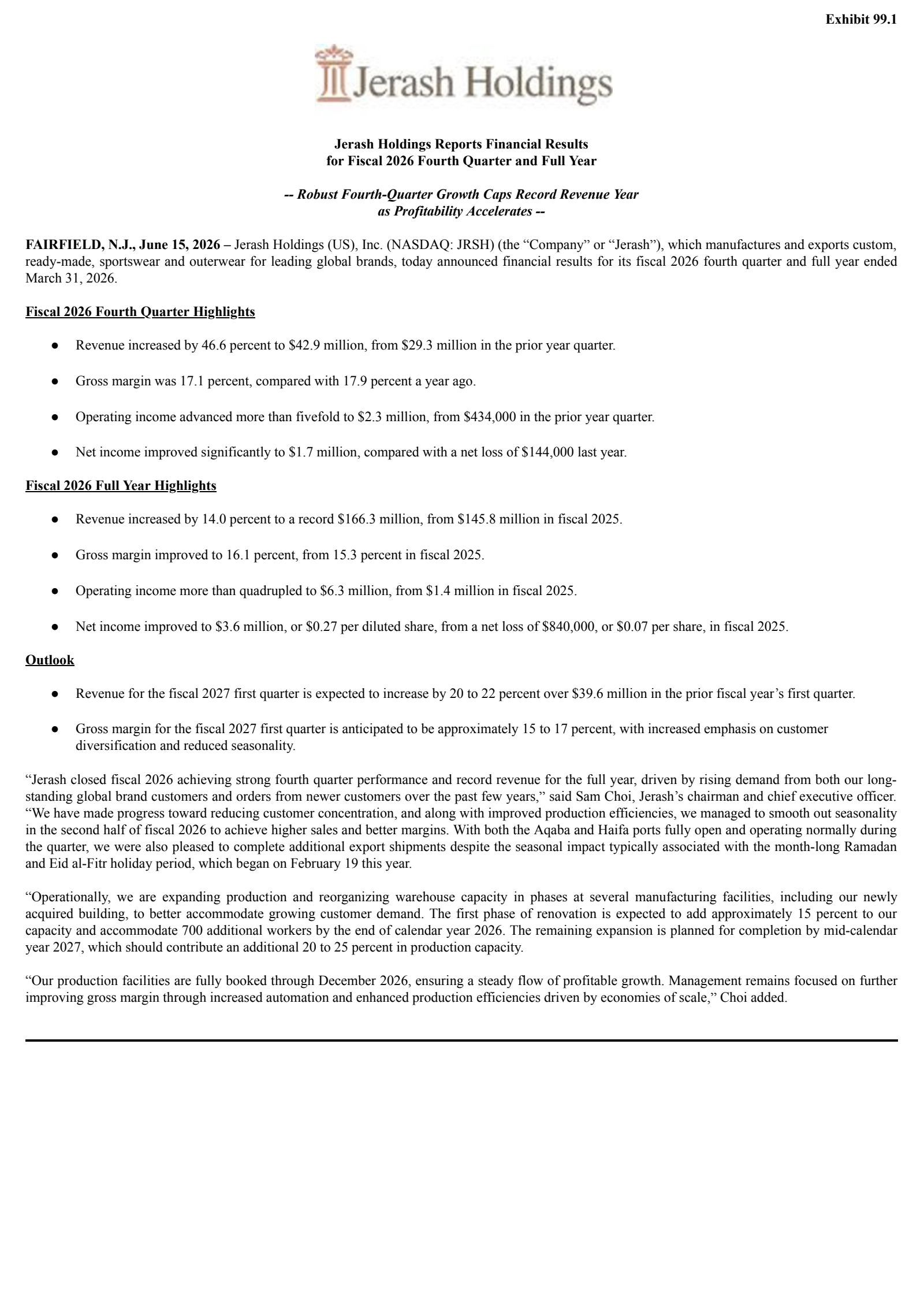 Jerash Holdings (US)'s Q4 2026 Press Release