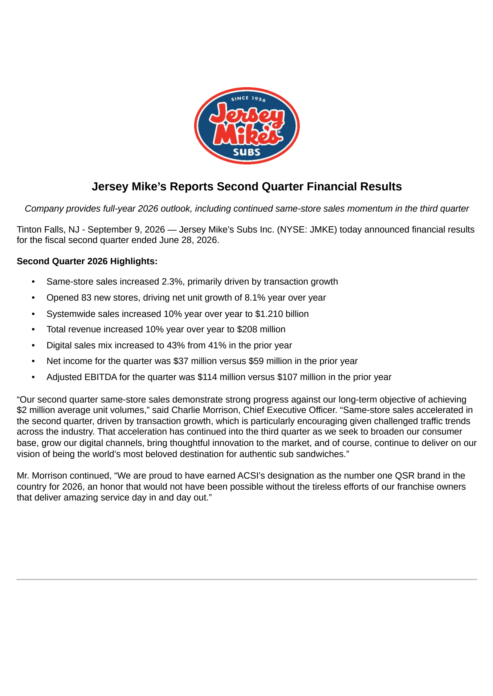 Jersey Mike's' Q2 2026 Press Release