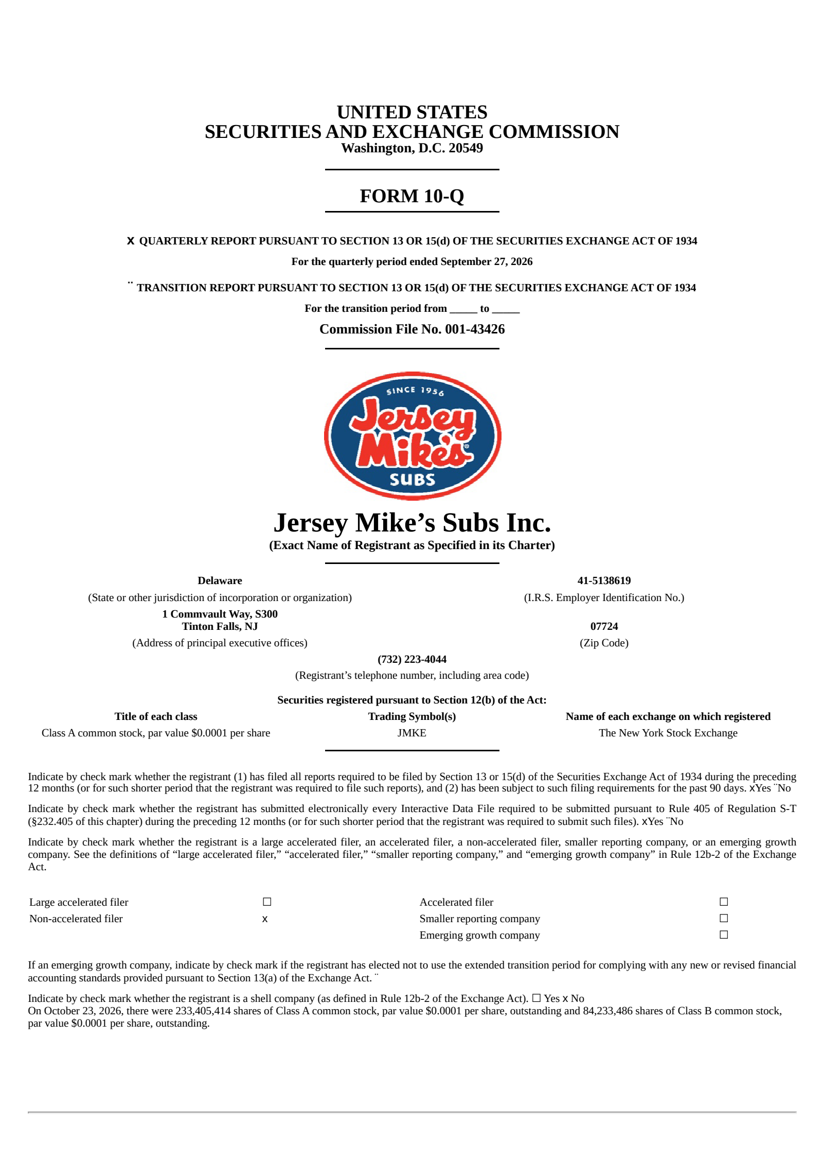Jersey Mike's' Q3 2026 Quarterly report
