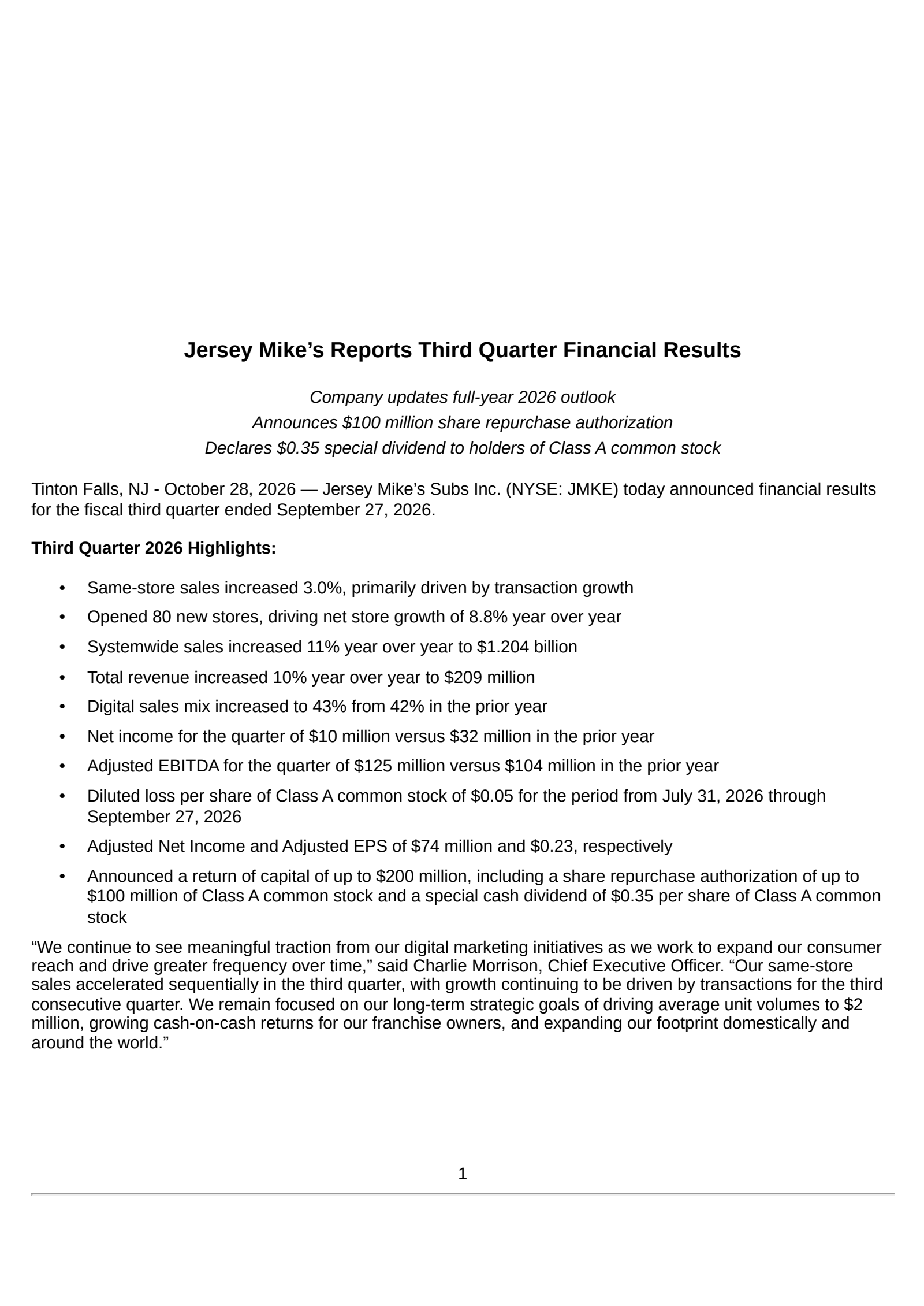 Jersey Mike's' Q3 2026 Press Release