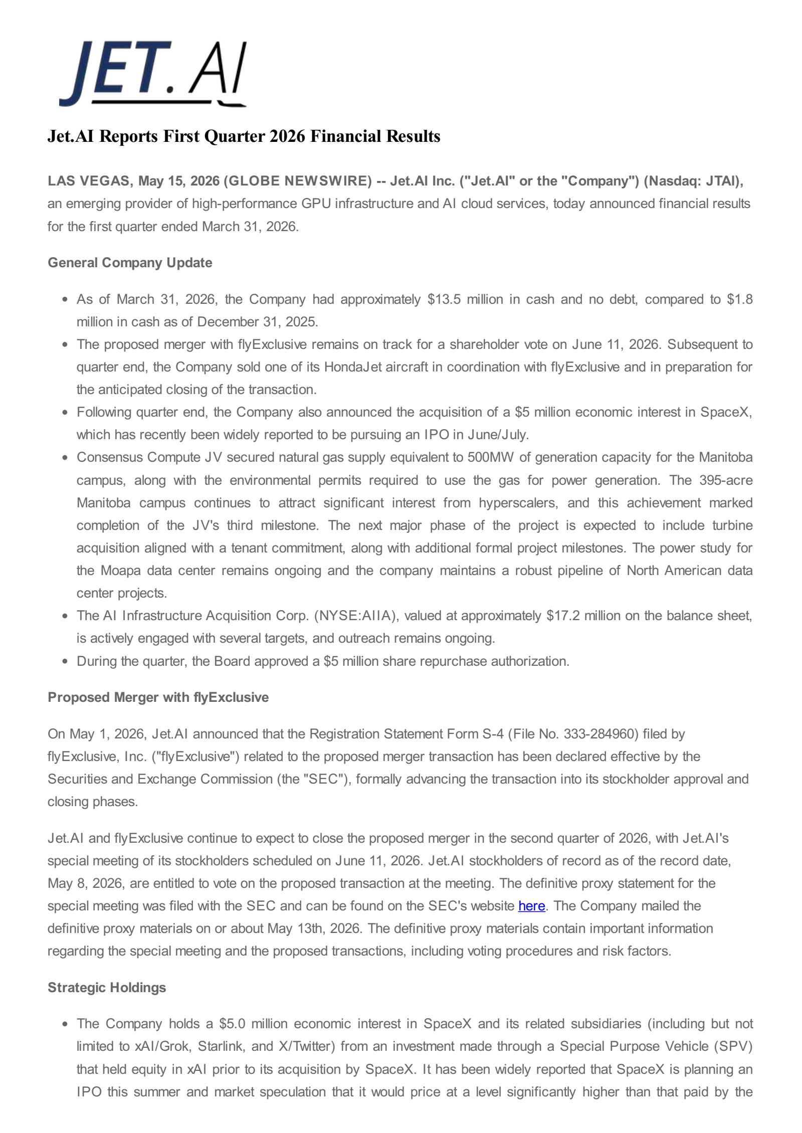 Jet.AI's Q1 2026 Press Release
