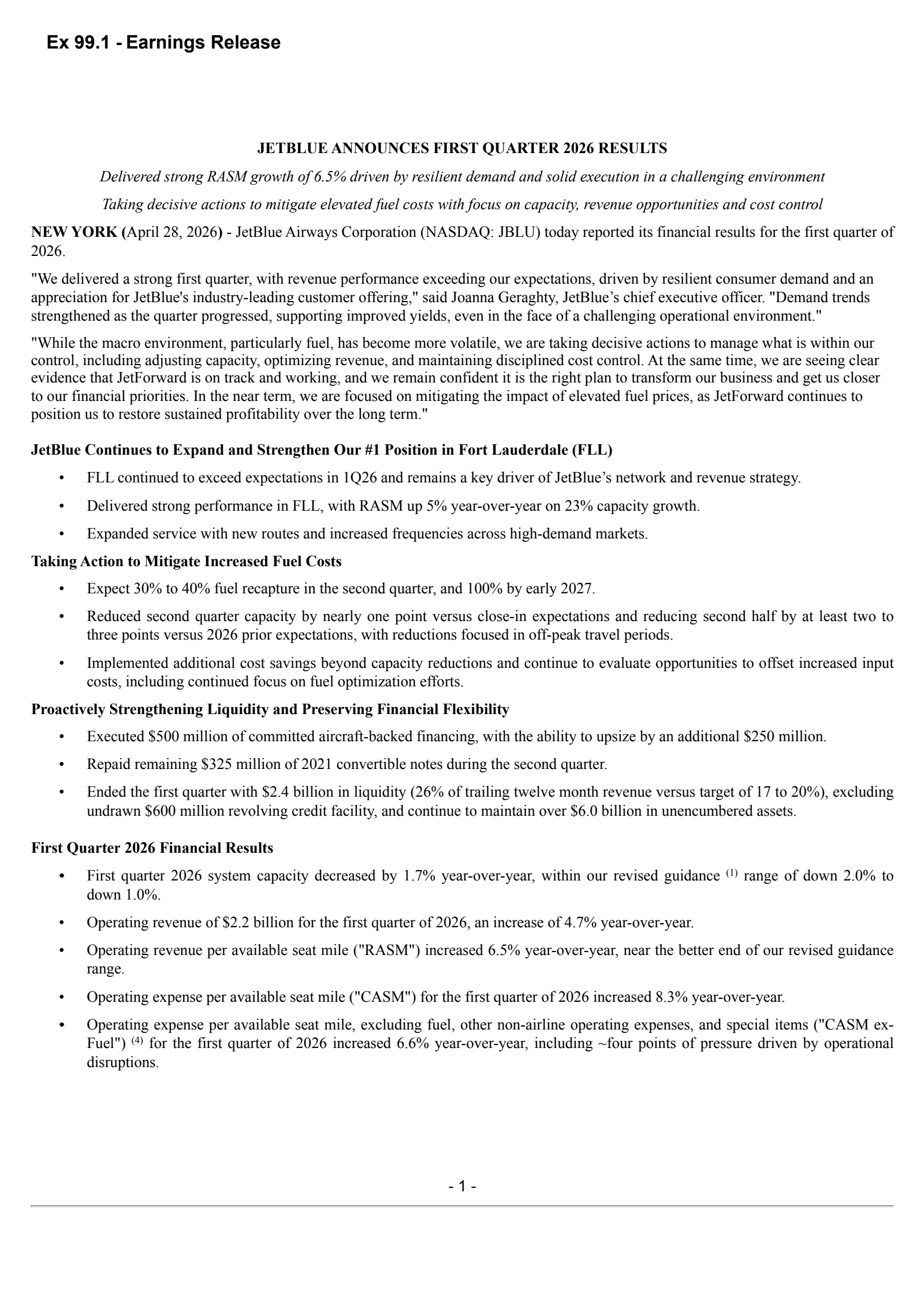 JetBlue Airways' Q1 2026 Press Release