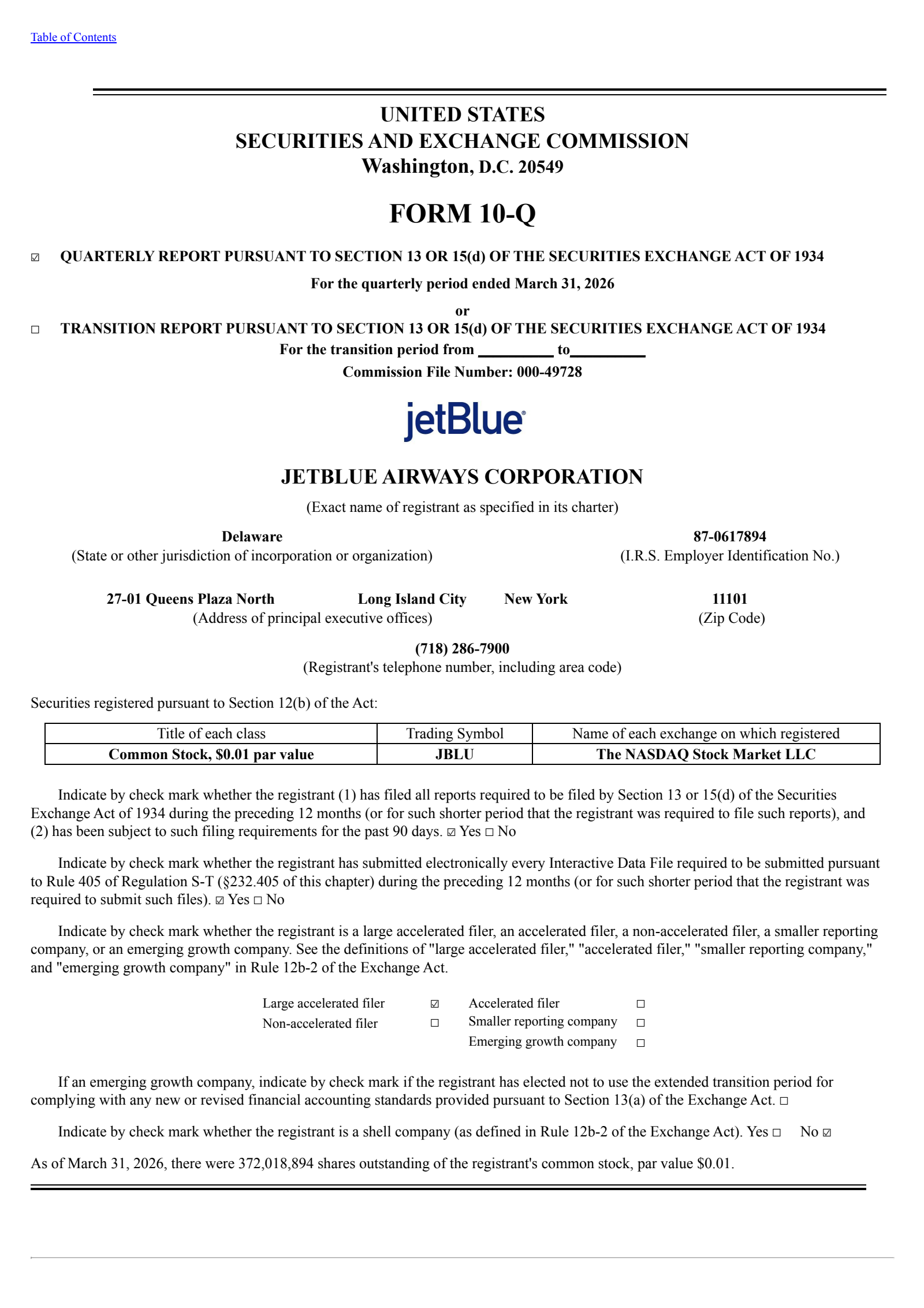 JetBlue Airways' Q1 2026 Quarterly report