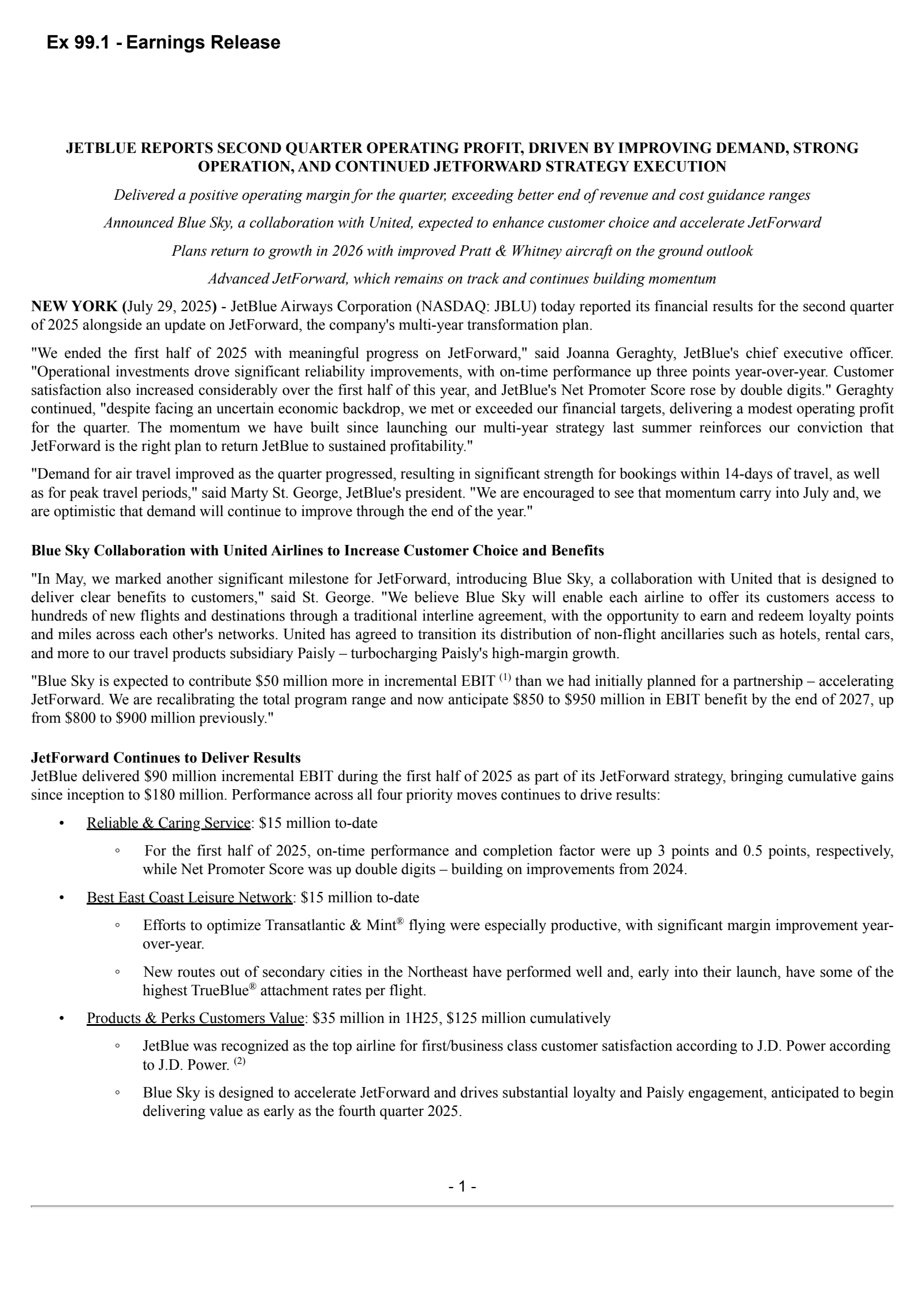 JetBlue Airways' Q2 2025 Press Release