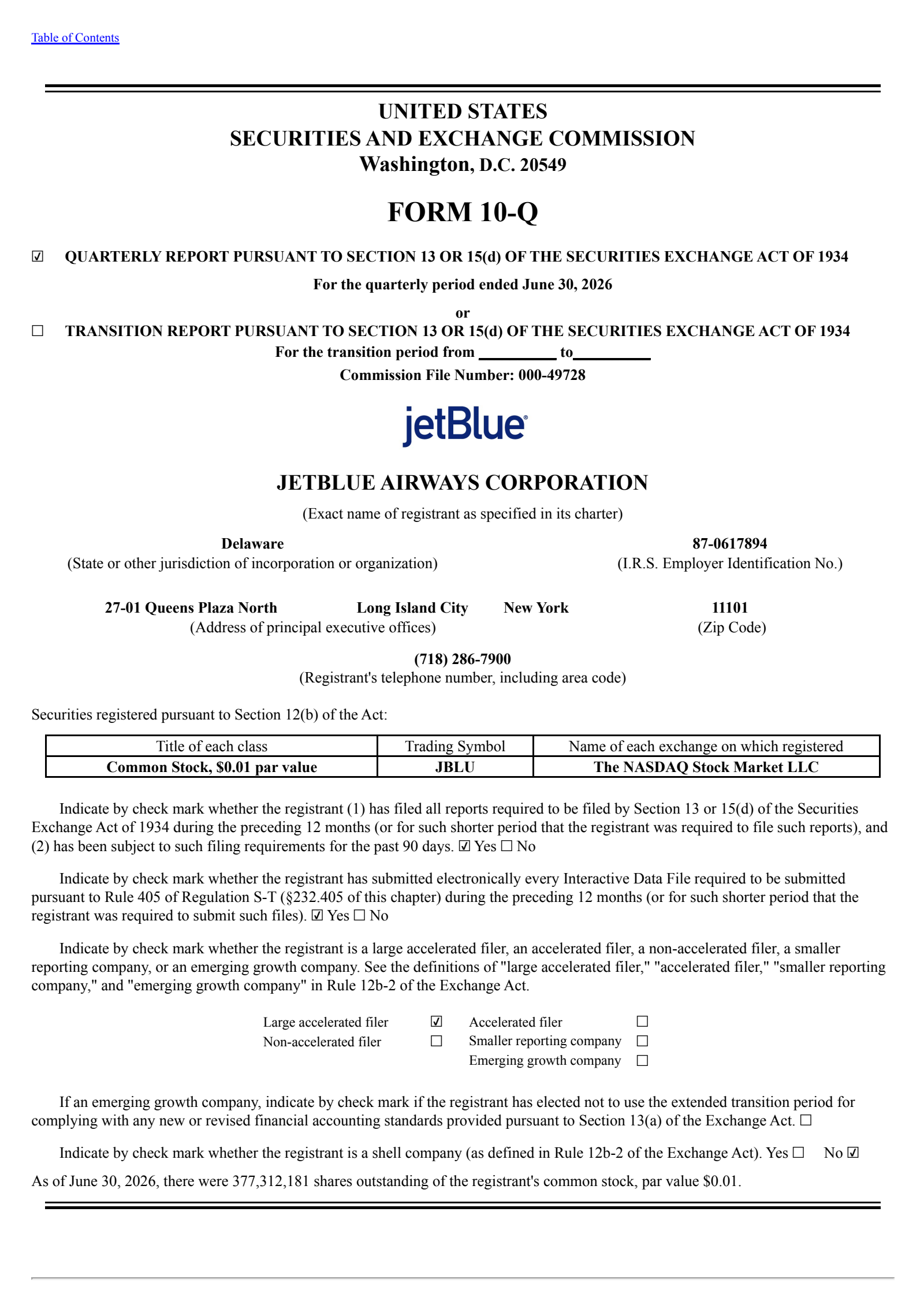 JetBlue Airways' Q2 2026 Quarterly report