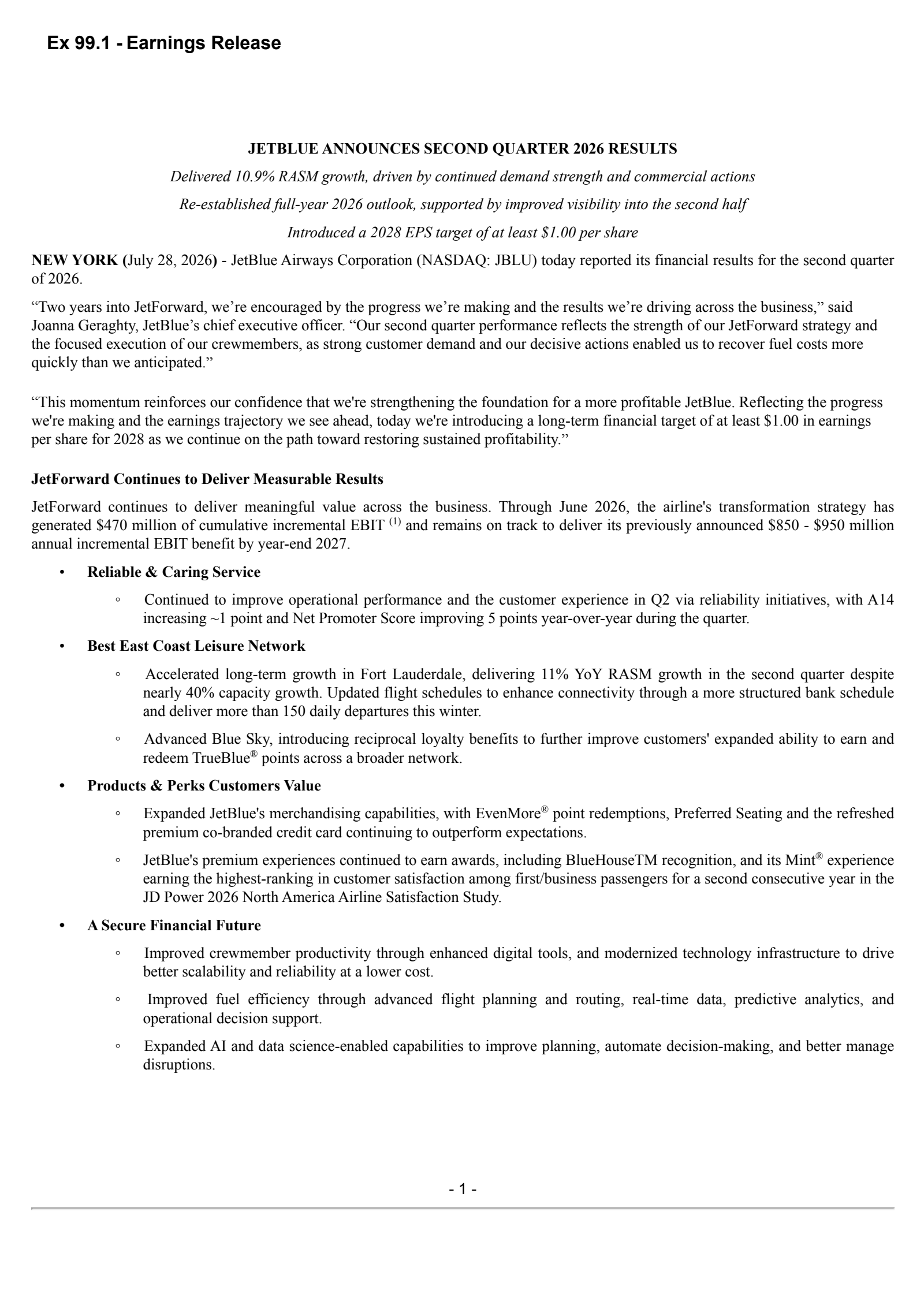 JetBlue Airways' Q2 2026 Press Release
