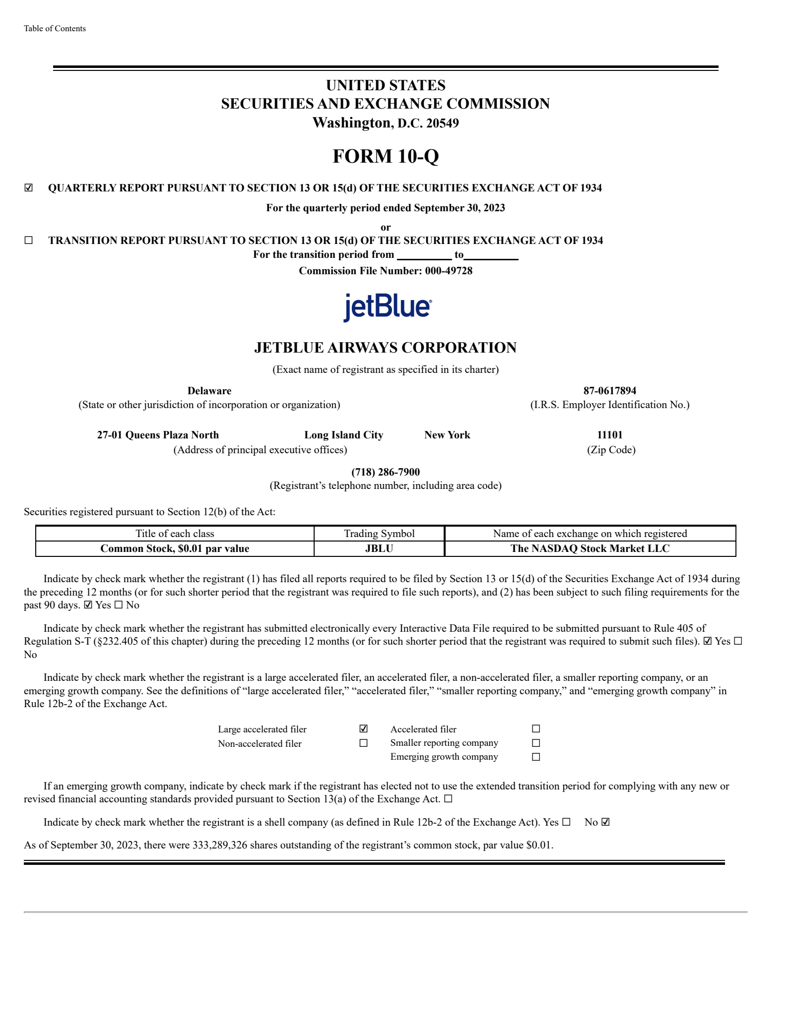 JetBlue Airways' Q3 2023 Quarterly Report