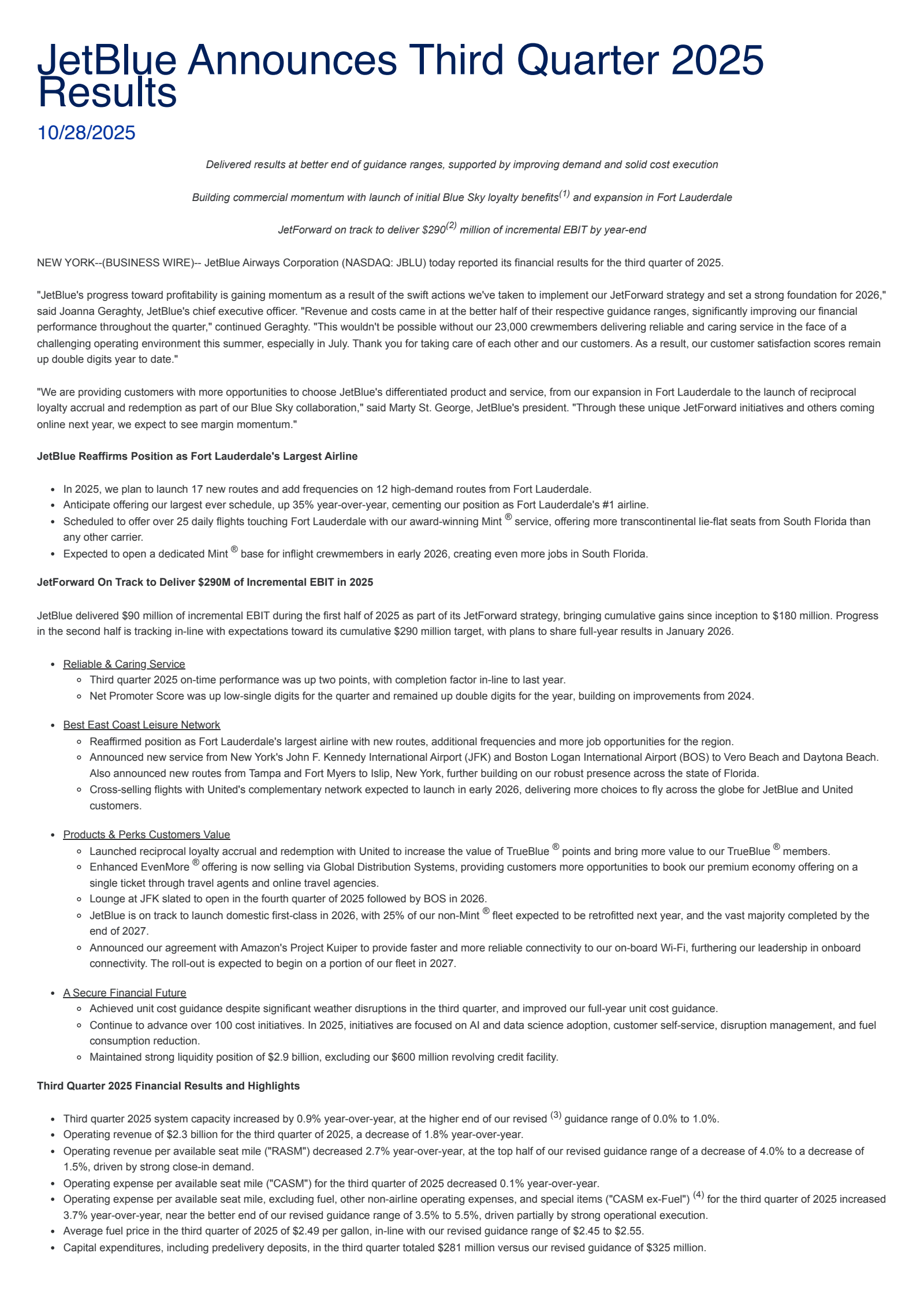 JetBlue Airways' Q3 2025 Earnings Release