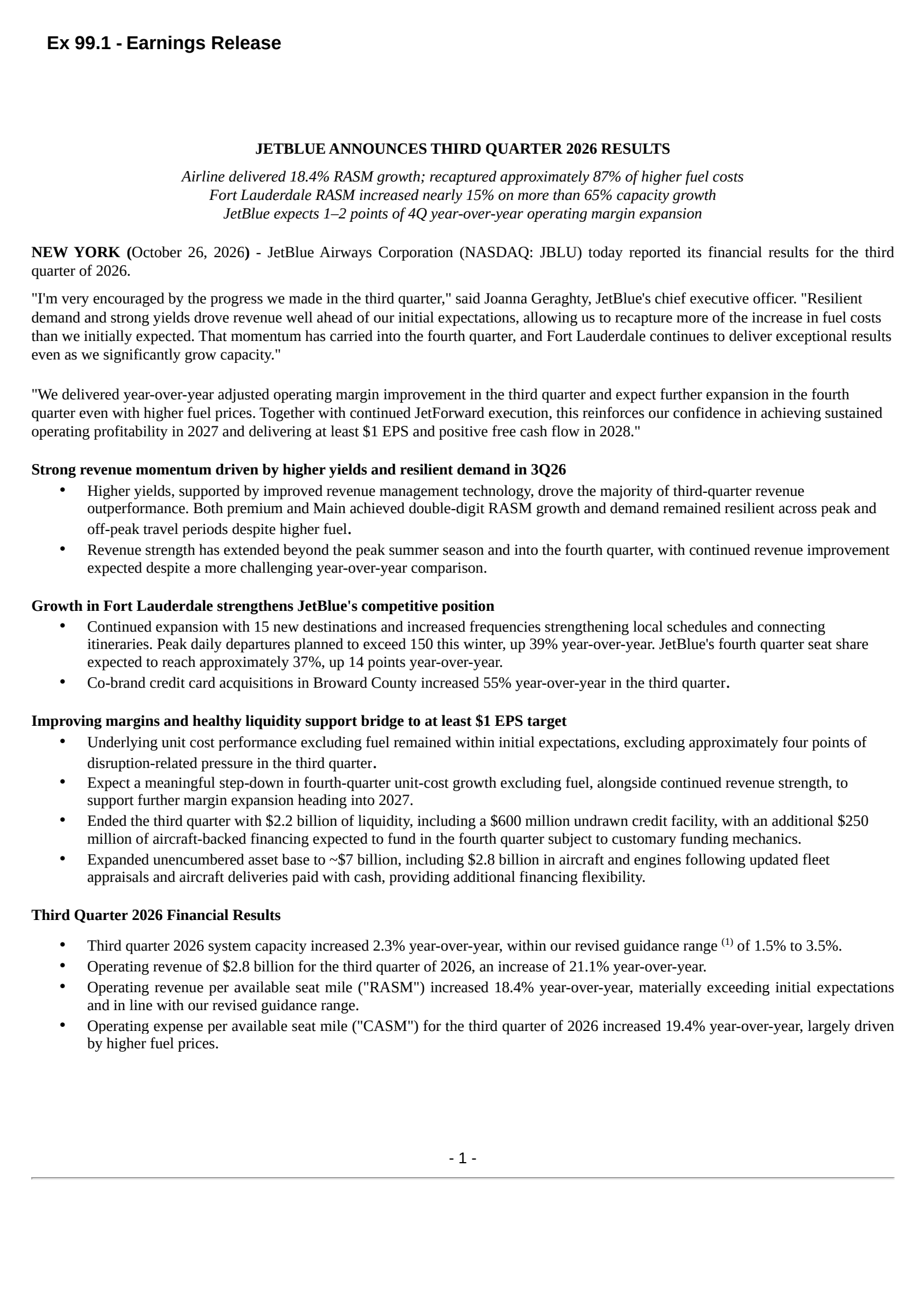 JetBlue Airways' Q3 2026 Press Release
