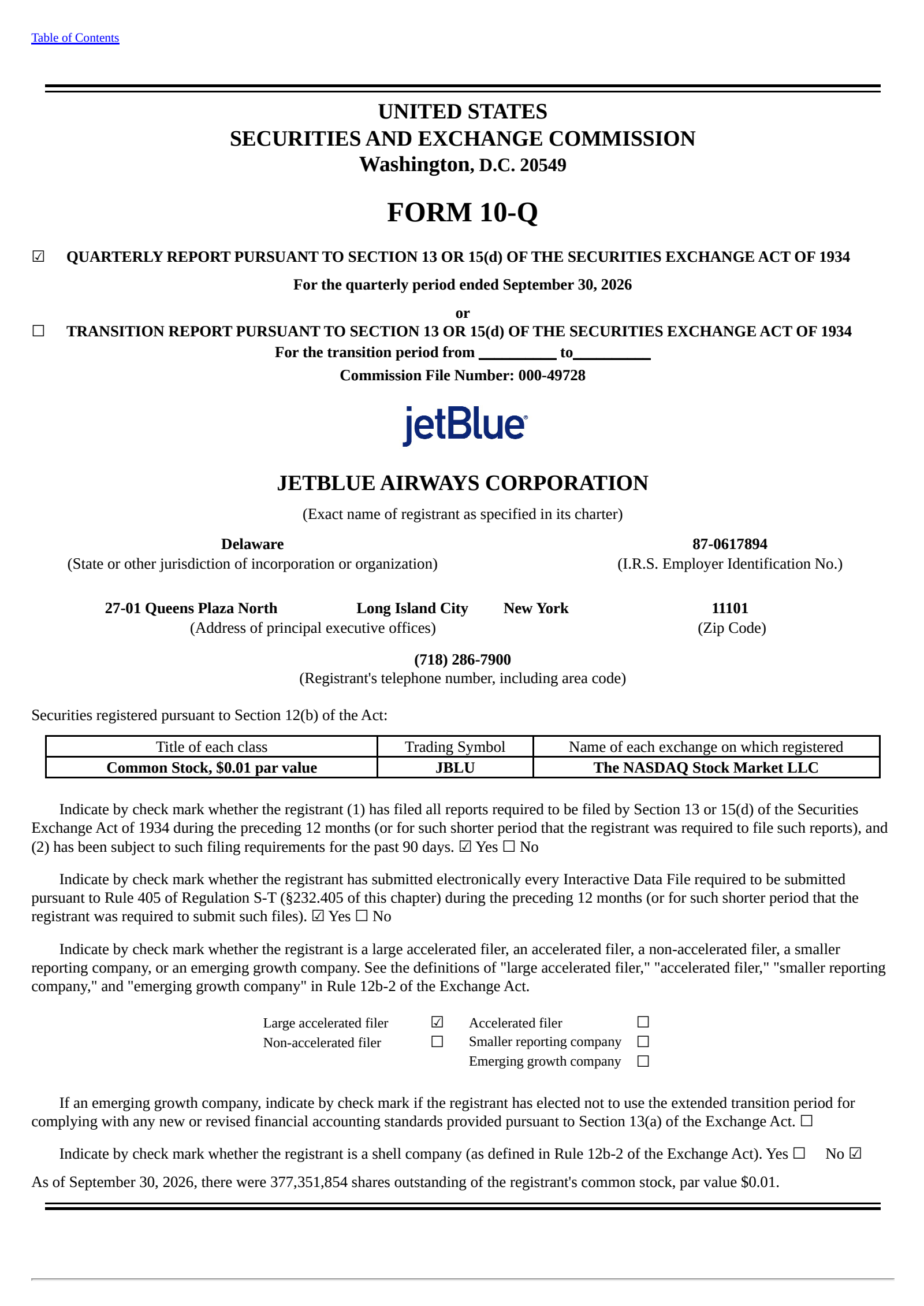 JetBlue Airways' Q3 2026 Quarterly report