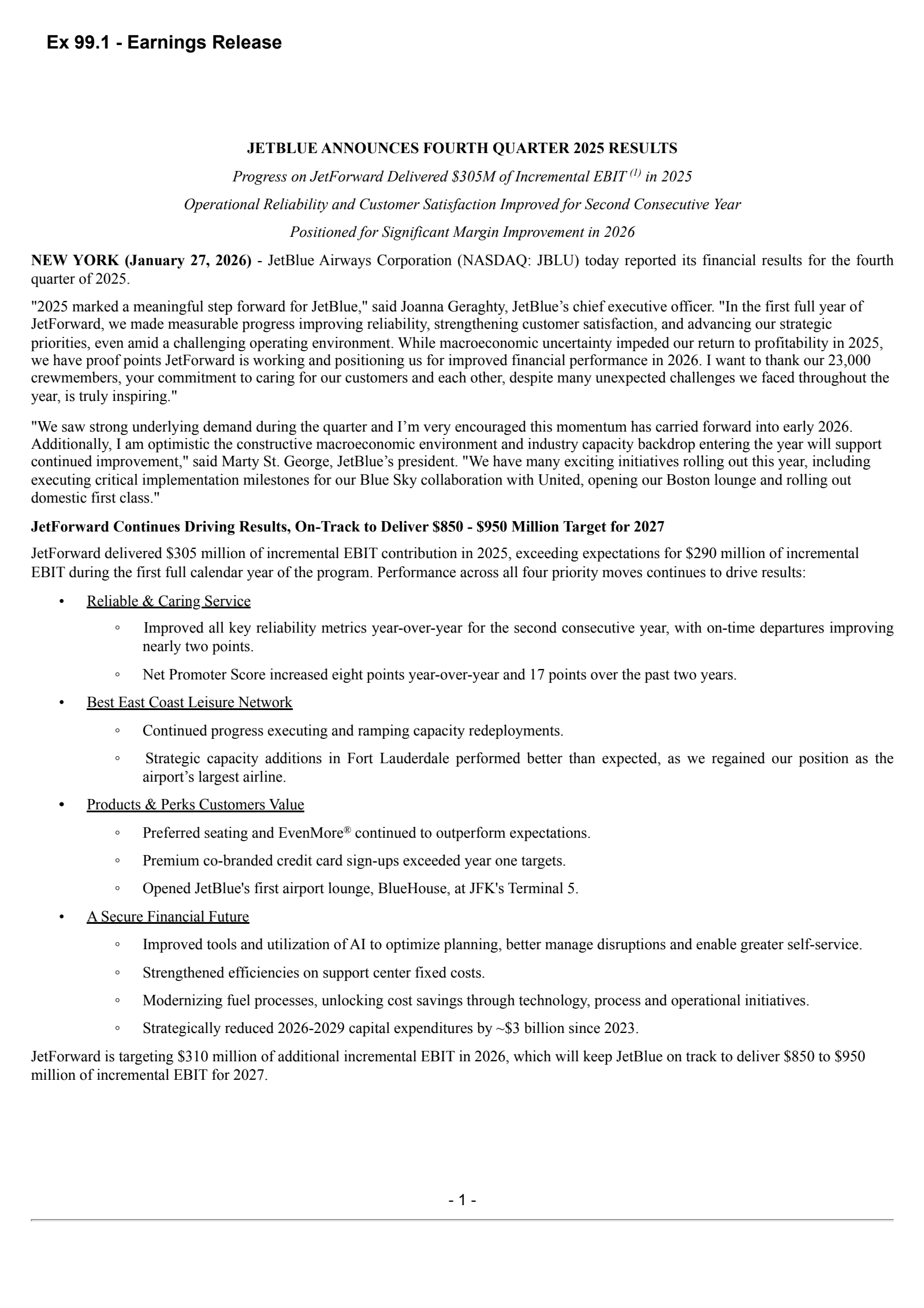JetBlue Airways' Q4 2025 Press Release