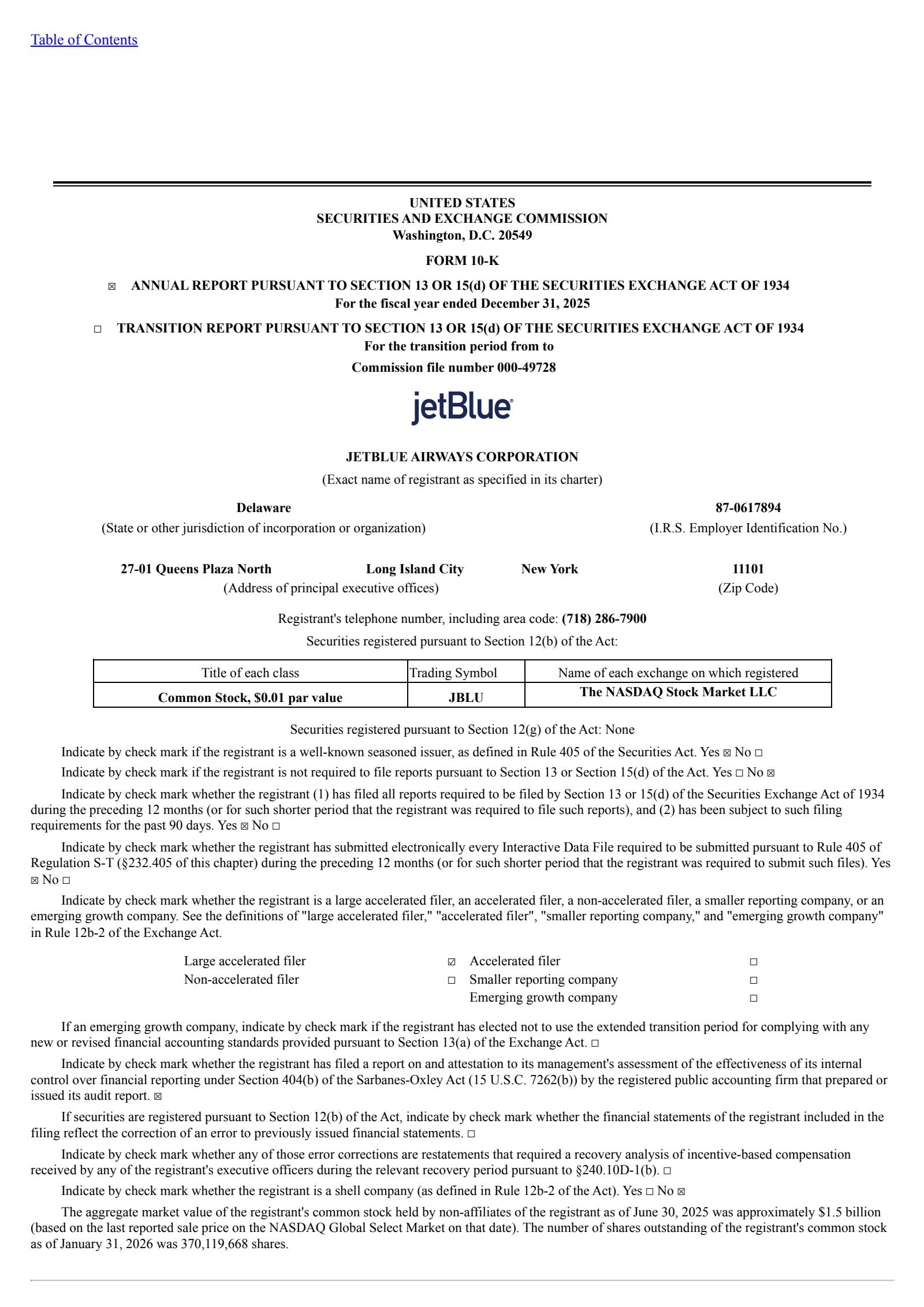 JetBlue Airways' Q4 2025 Annual report