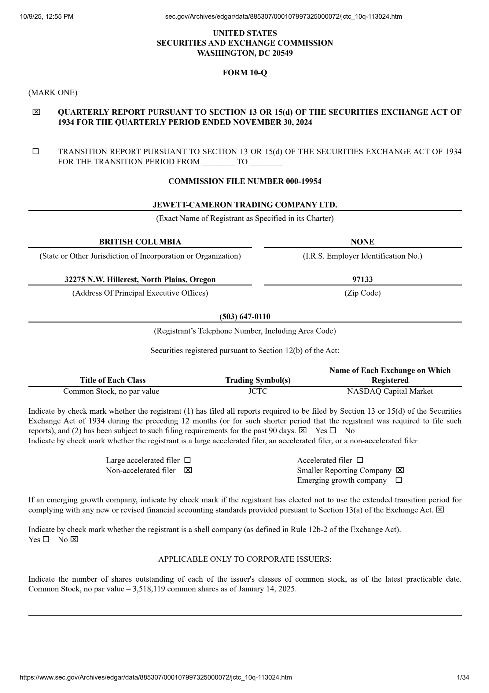 Jewett-Cameron Trading's Q1 2025 Quarterly Report