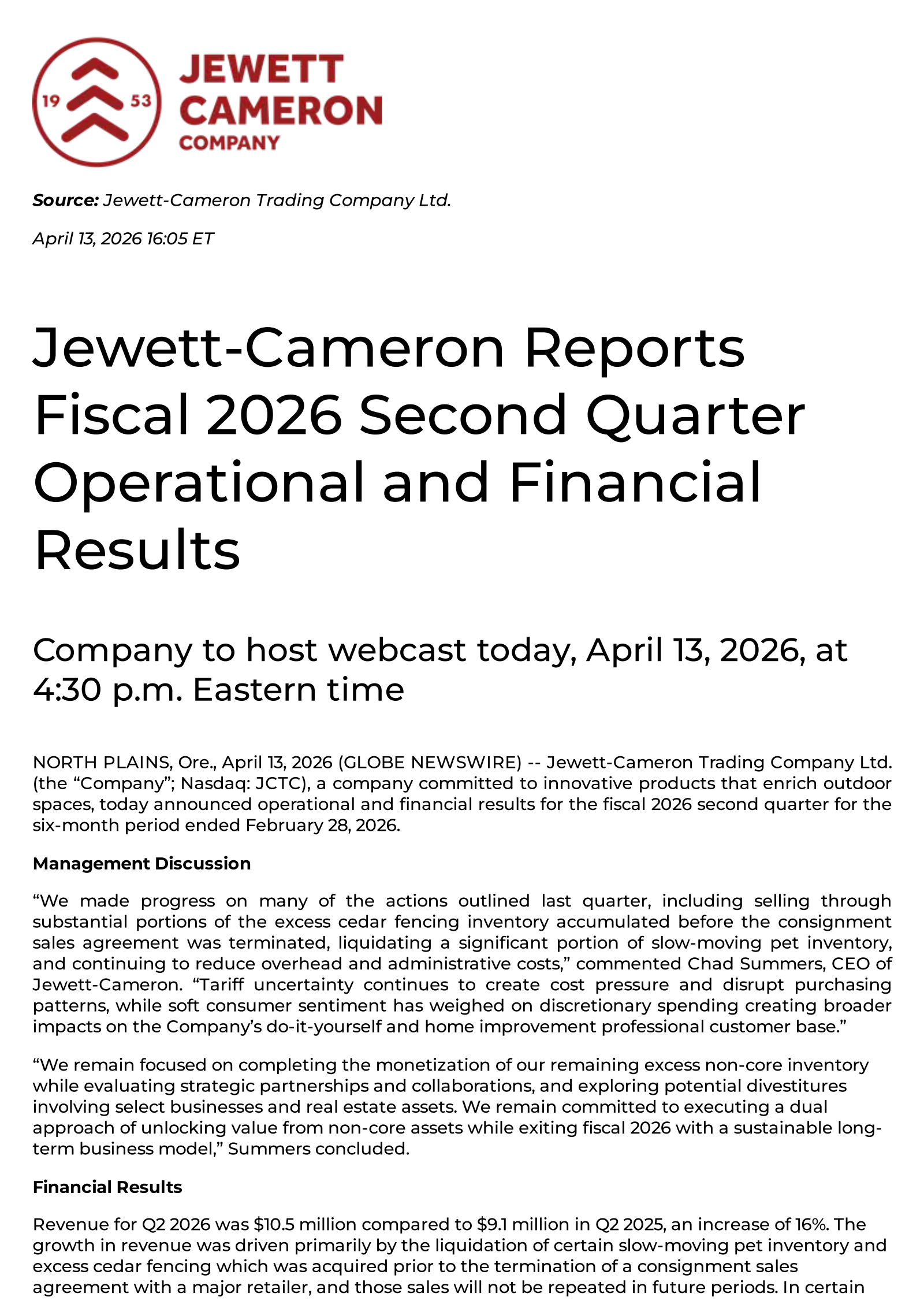 Jewett-Cameron Trading's Q2 2026 Press Release