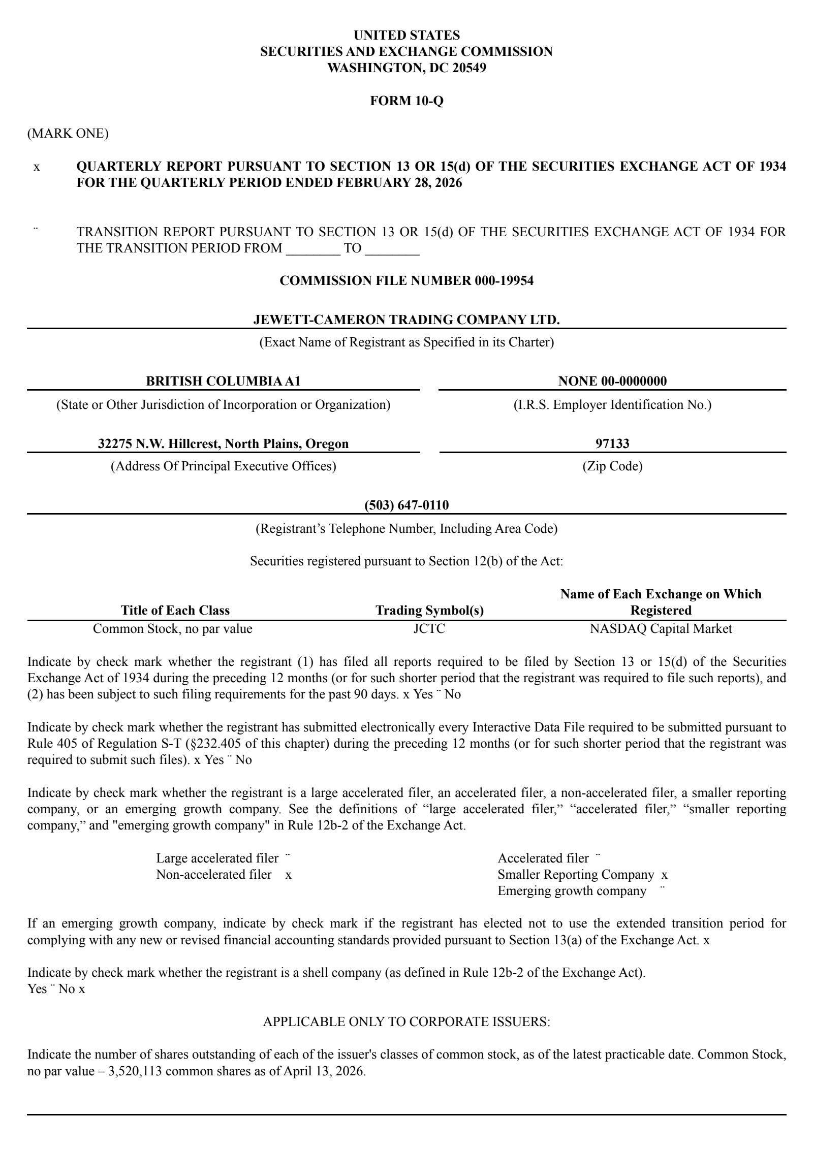 Jewett-Cameron Trading's Q2 2026 Quarterly report