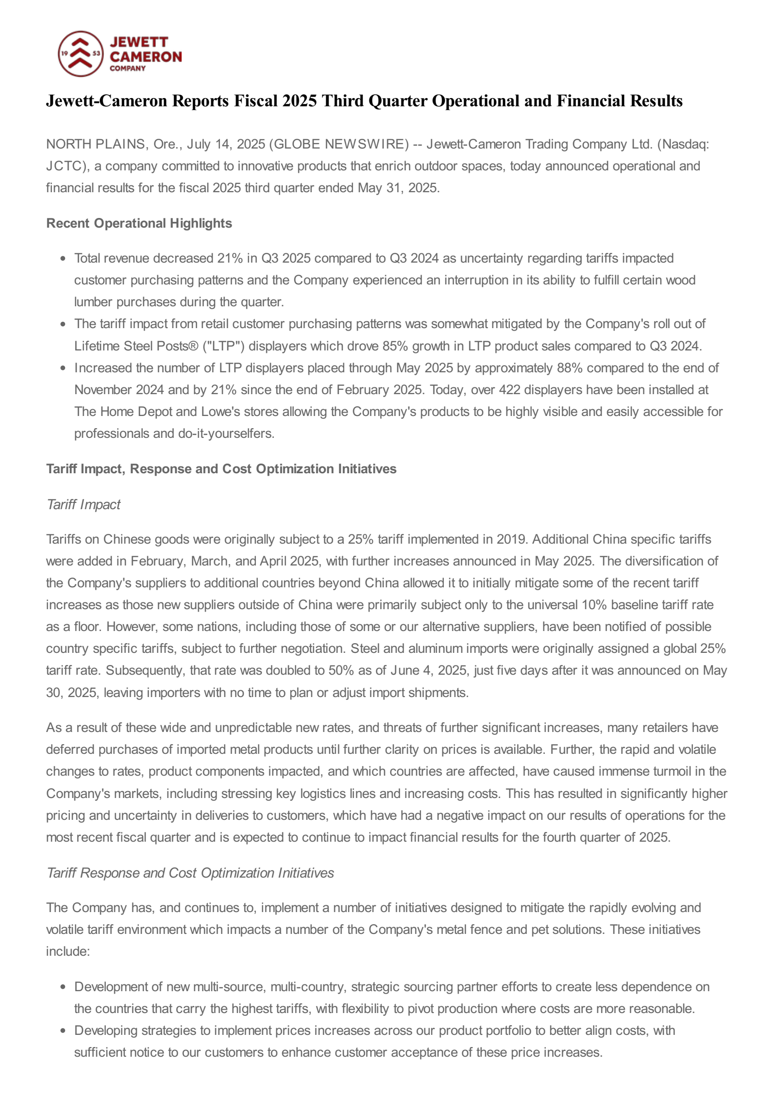 Jewett-Cameron Trading's Q3 2025 Press Release