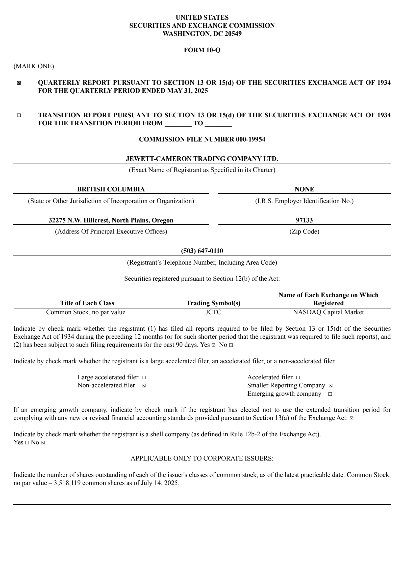 Jewett-Cameron Trading's Q3 2025 Quarterly report