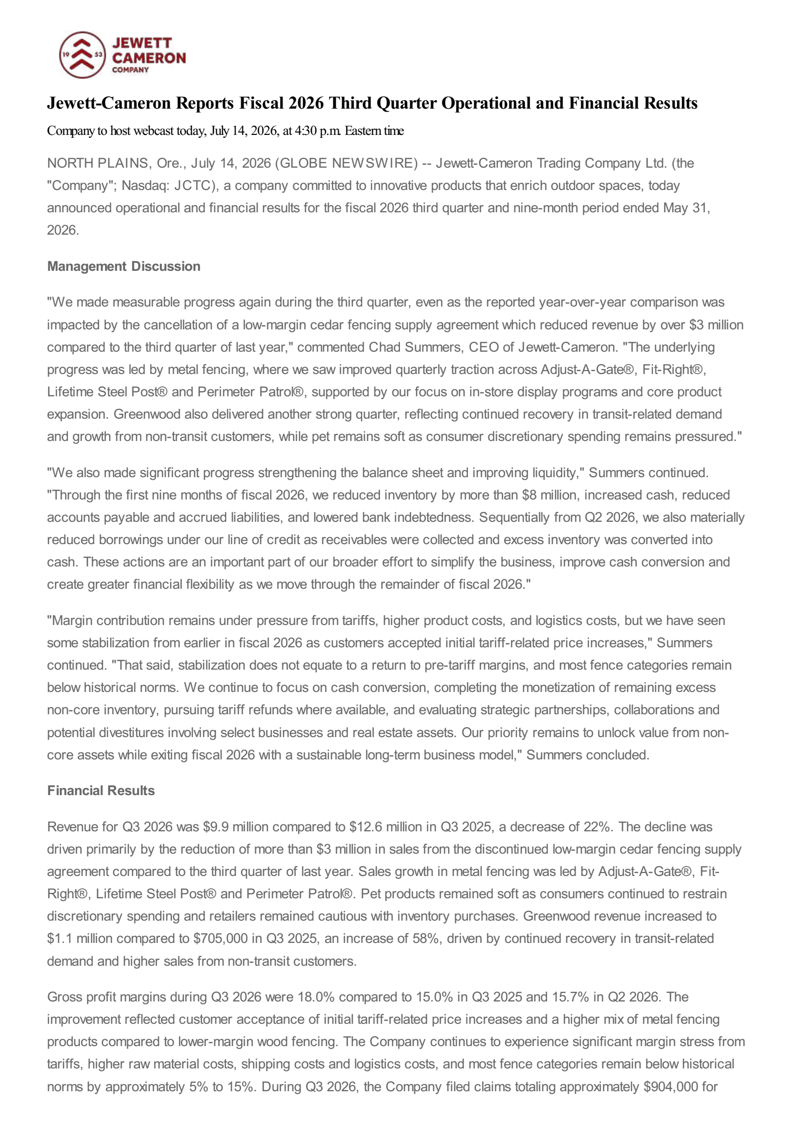 Jewett-Cameron Trading's Q3 2026 Press Release