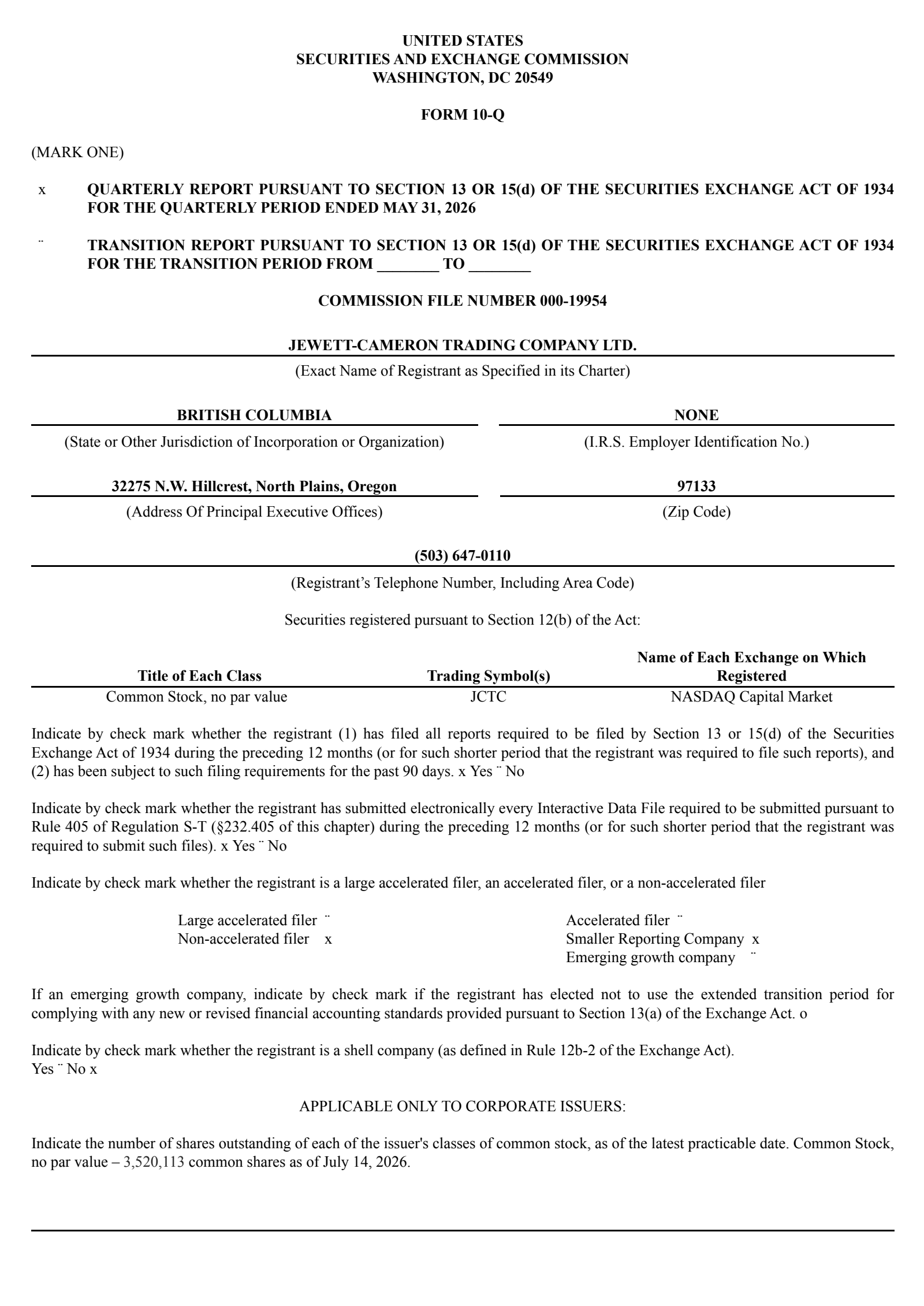 Jewett-Cameron Trading's Q3 2026 Quarterly report