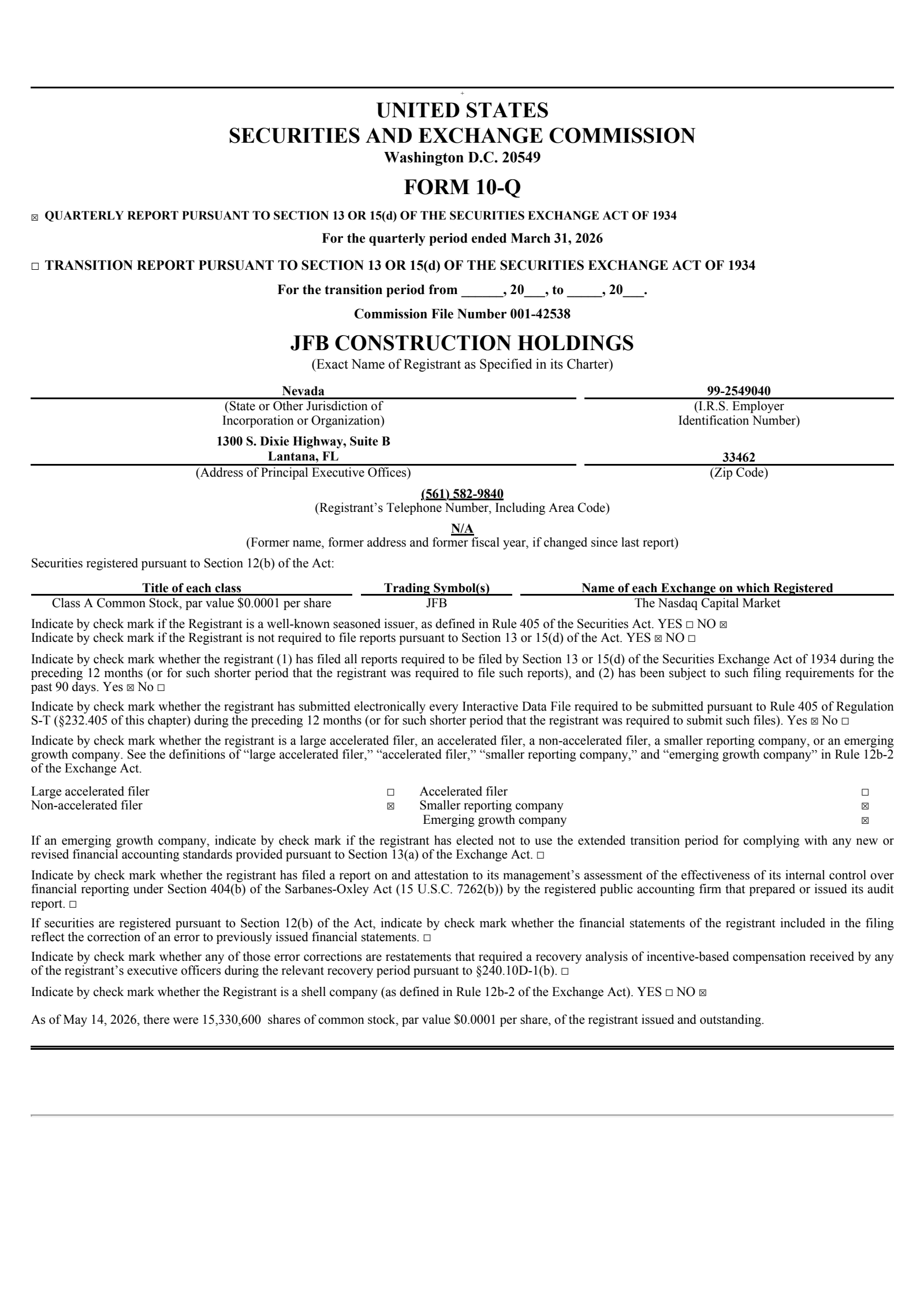 JFB Construction's Q1 2026 Quarterly report