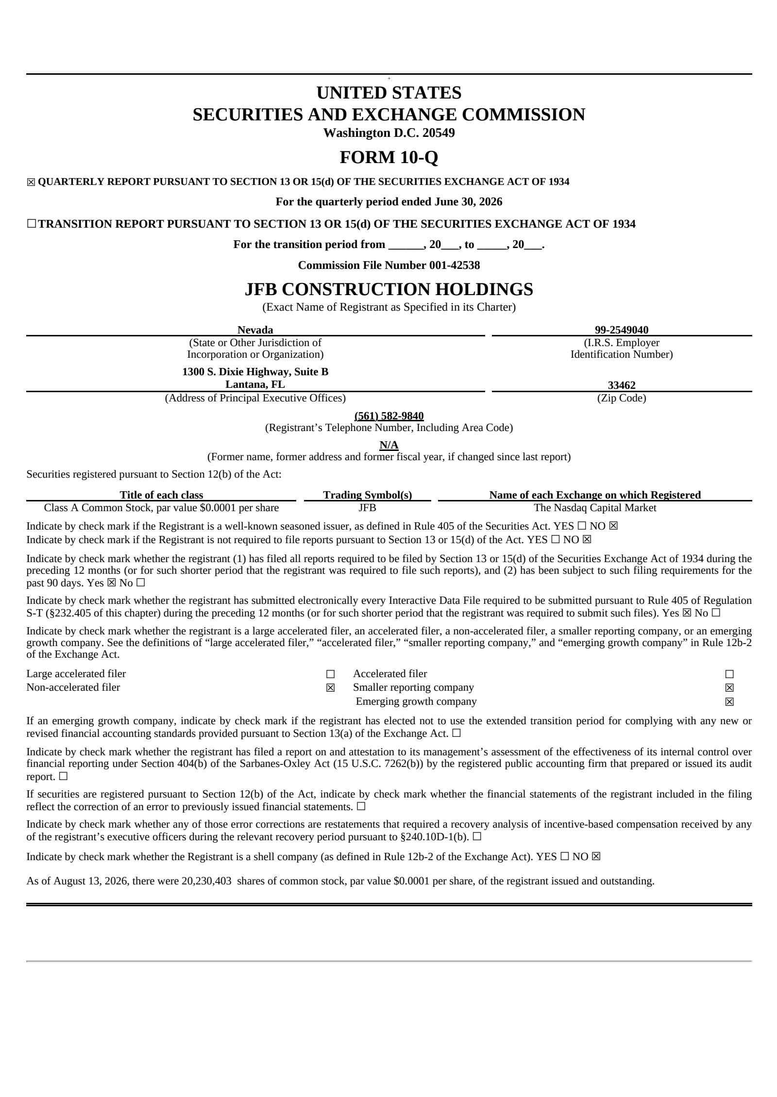 JFB Construction's Q2 2026 Quarterly report