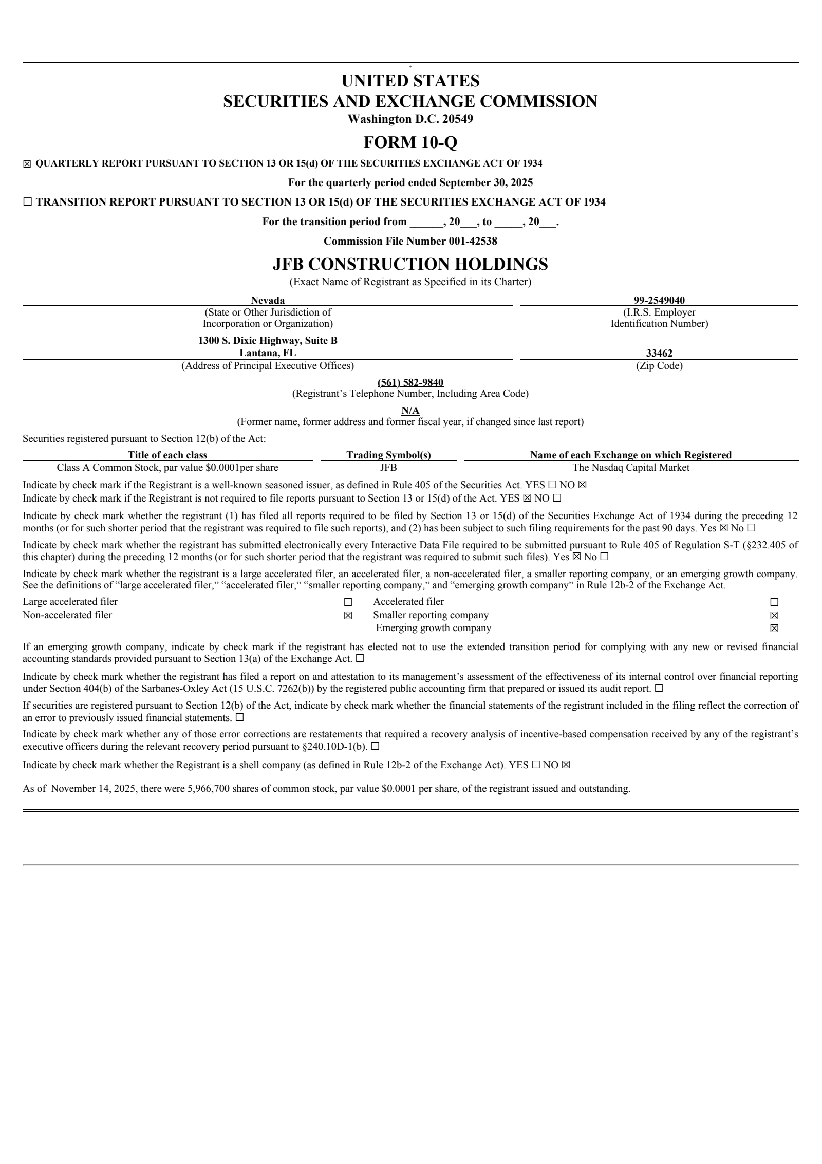 JFB Construction's Q3 2025 Quarterly report