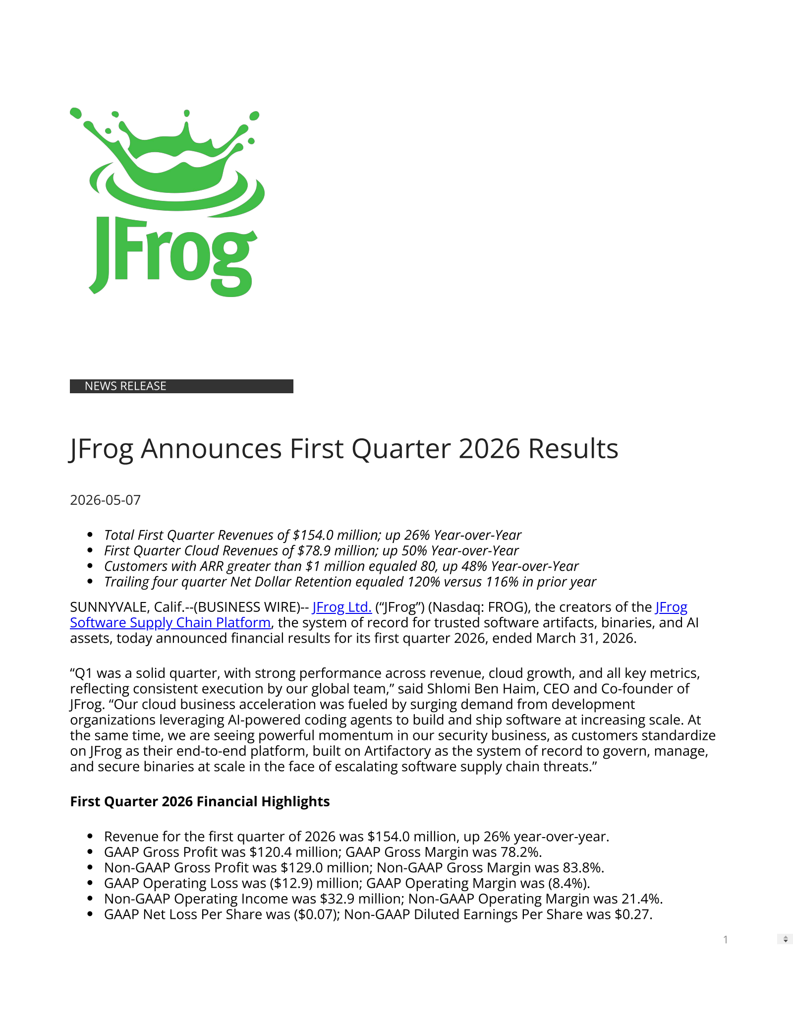 JFrog's Q1 2026 Press Release