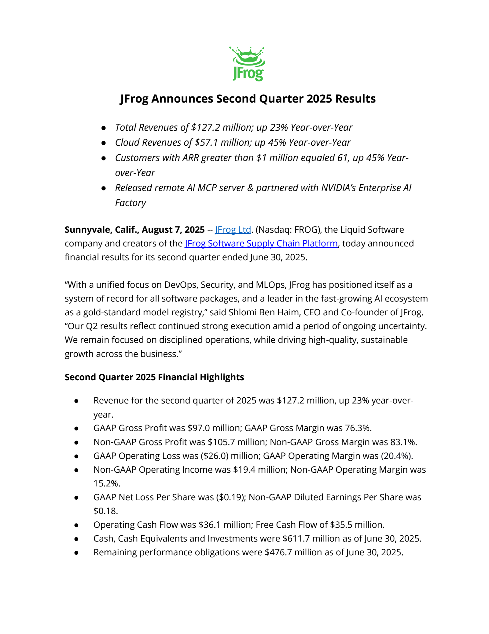 JFrog's Q2 2025 Press Release
