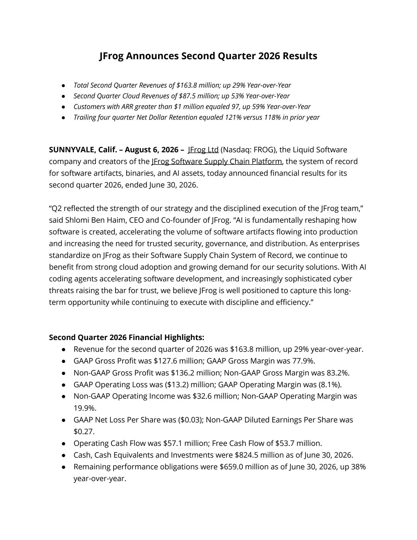 JFrog's Q2 2026 Press Release