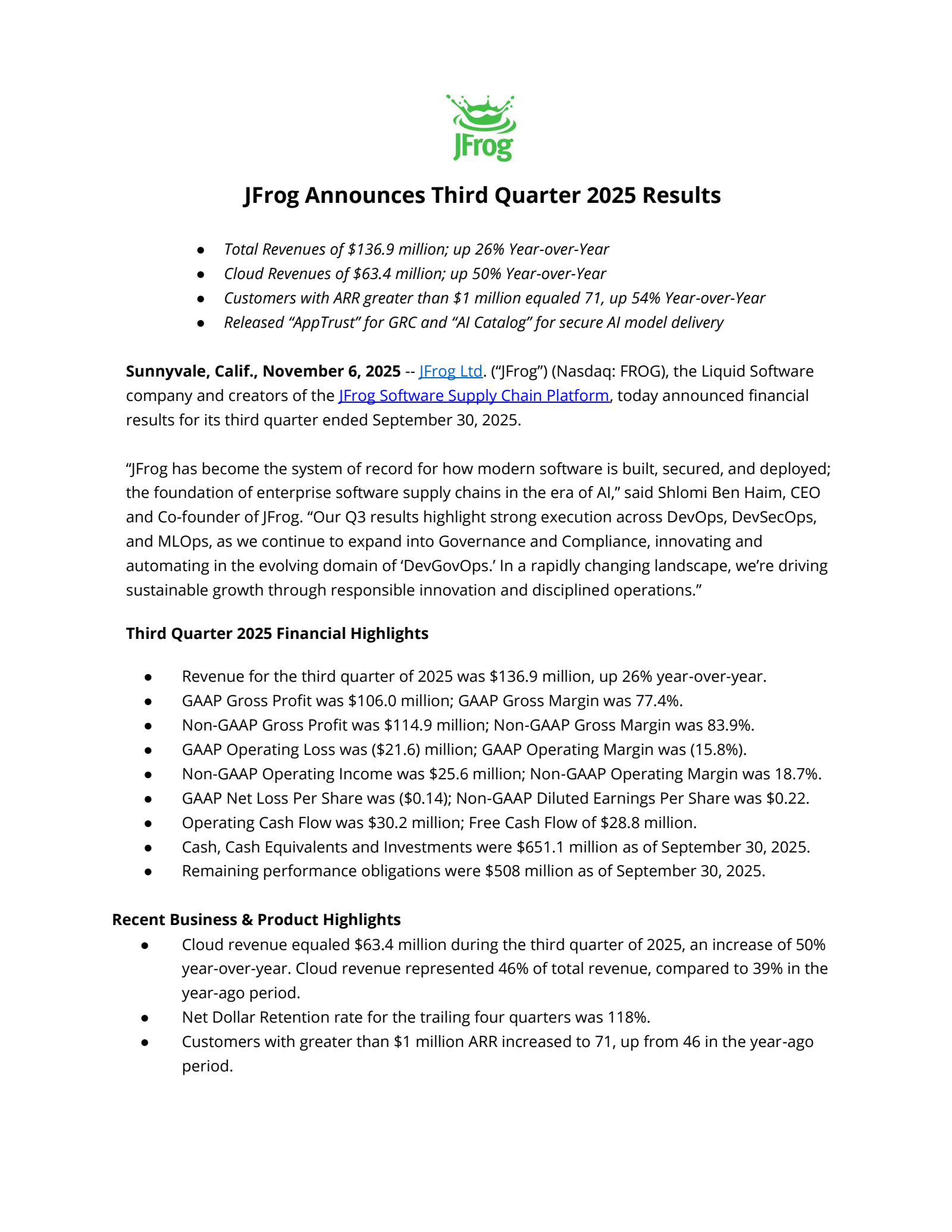 JFrog's Q3 2025 Earnings Release
