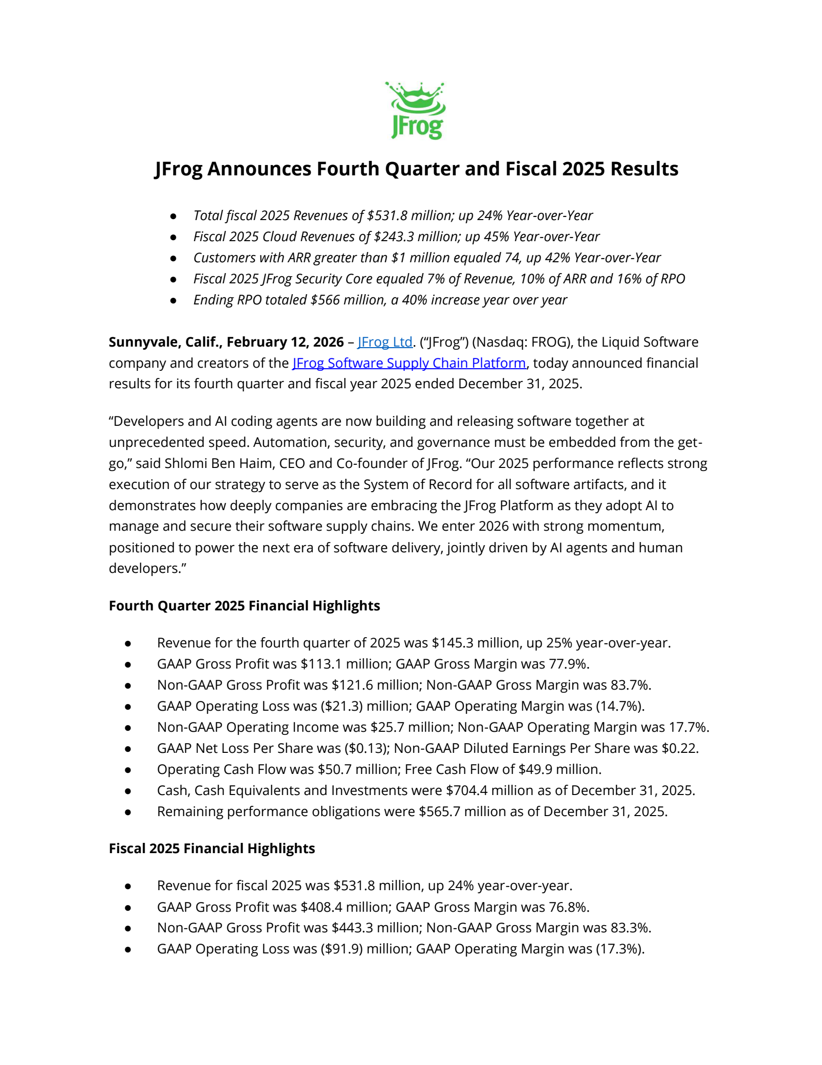 JFrog's Q4 2025 Press Release