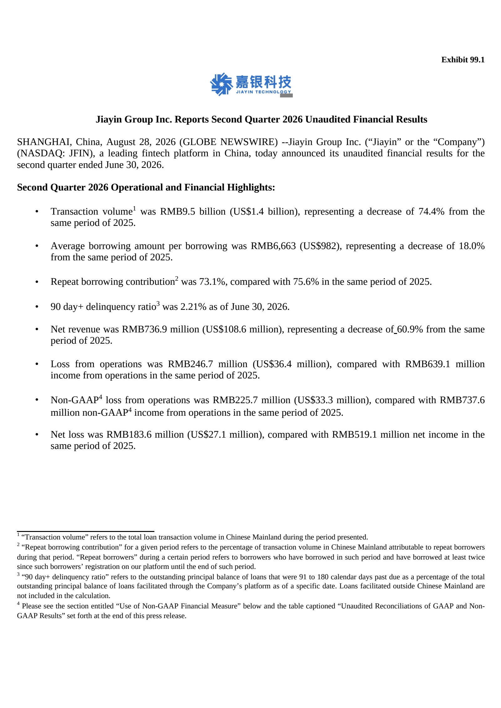 Jiayin Group's Q2 2026 Press Release
