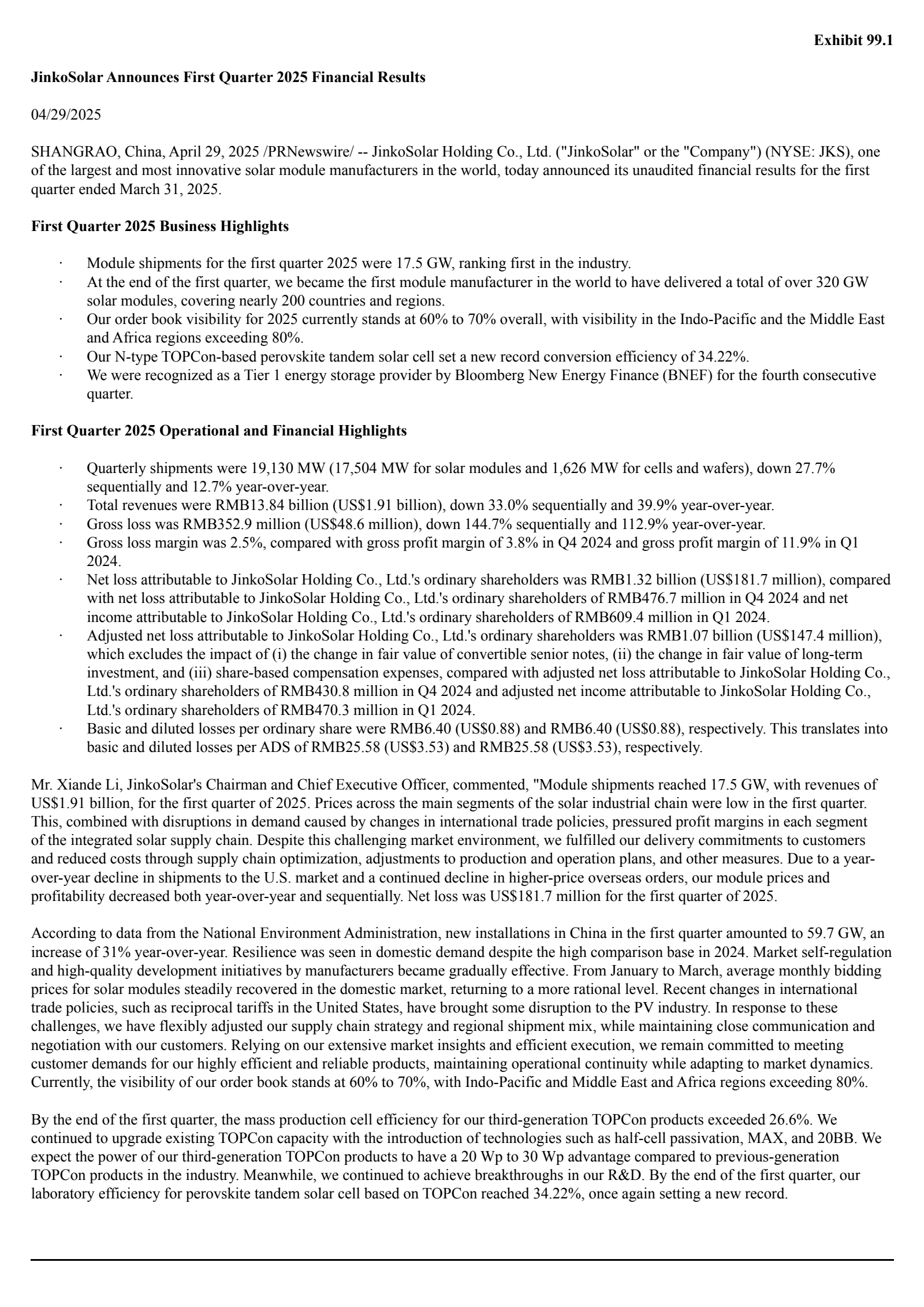 JinkoSolar's Q1 2025 Press Release