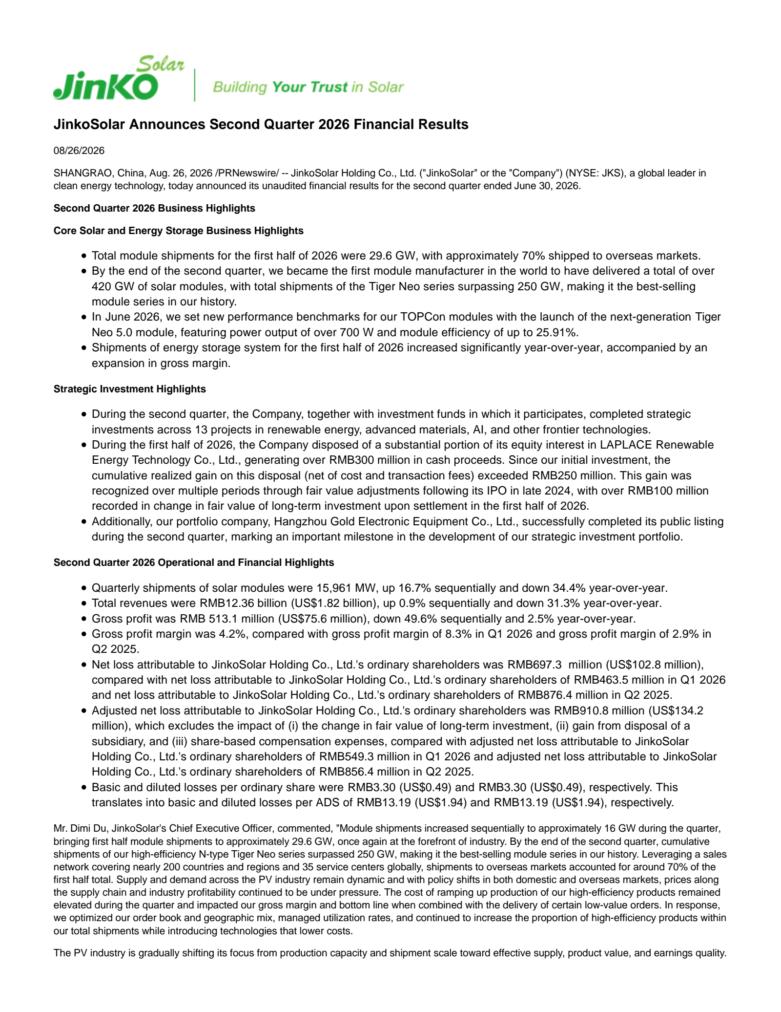 JinkoSolar's Q2 2026 Press Release
