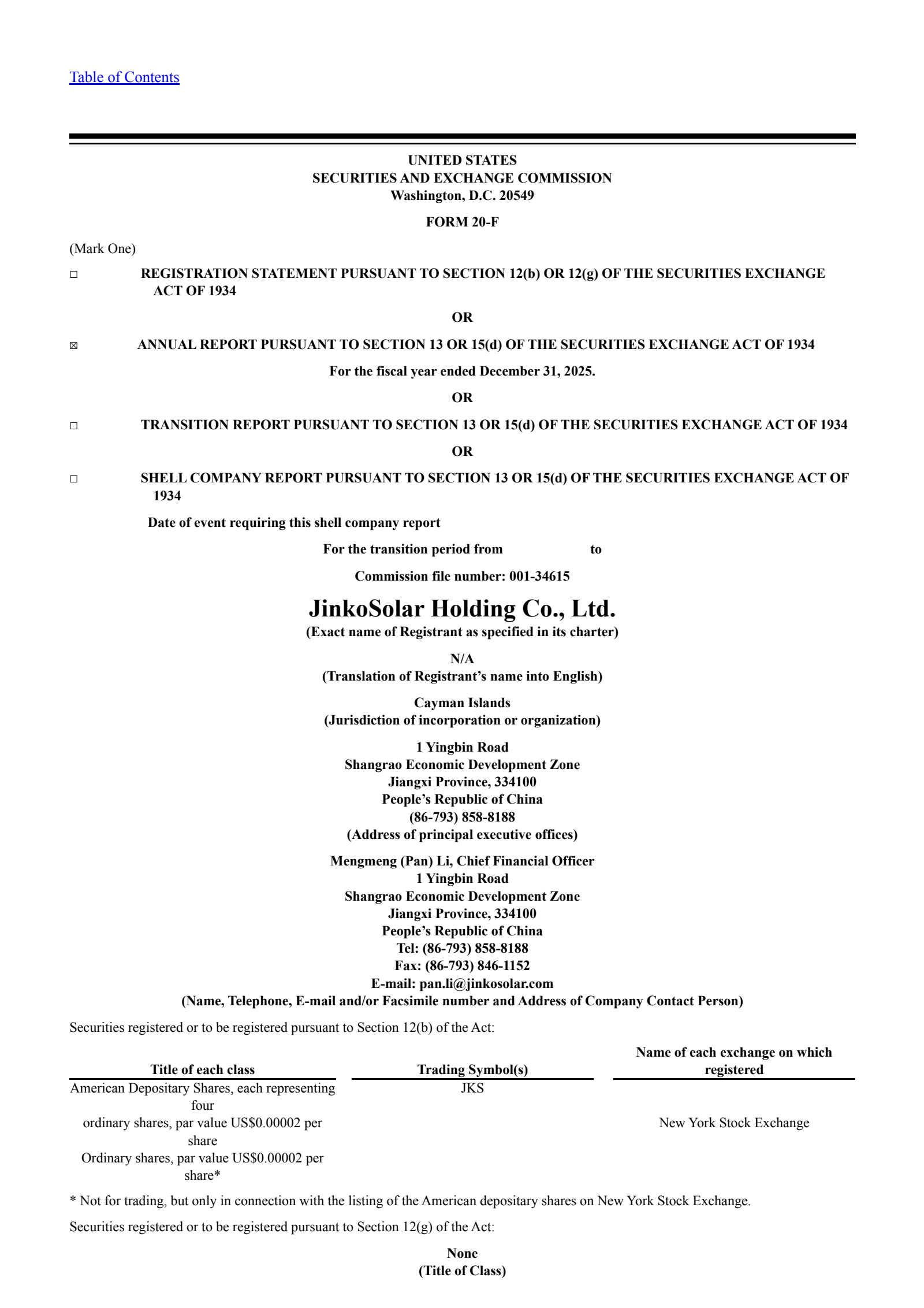 JinkoSolar's Q4 2025 Annual report