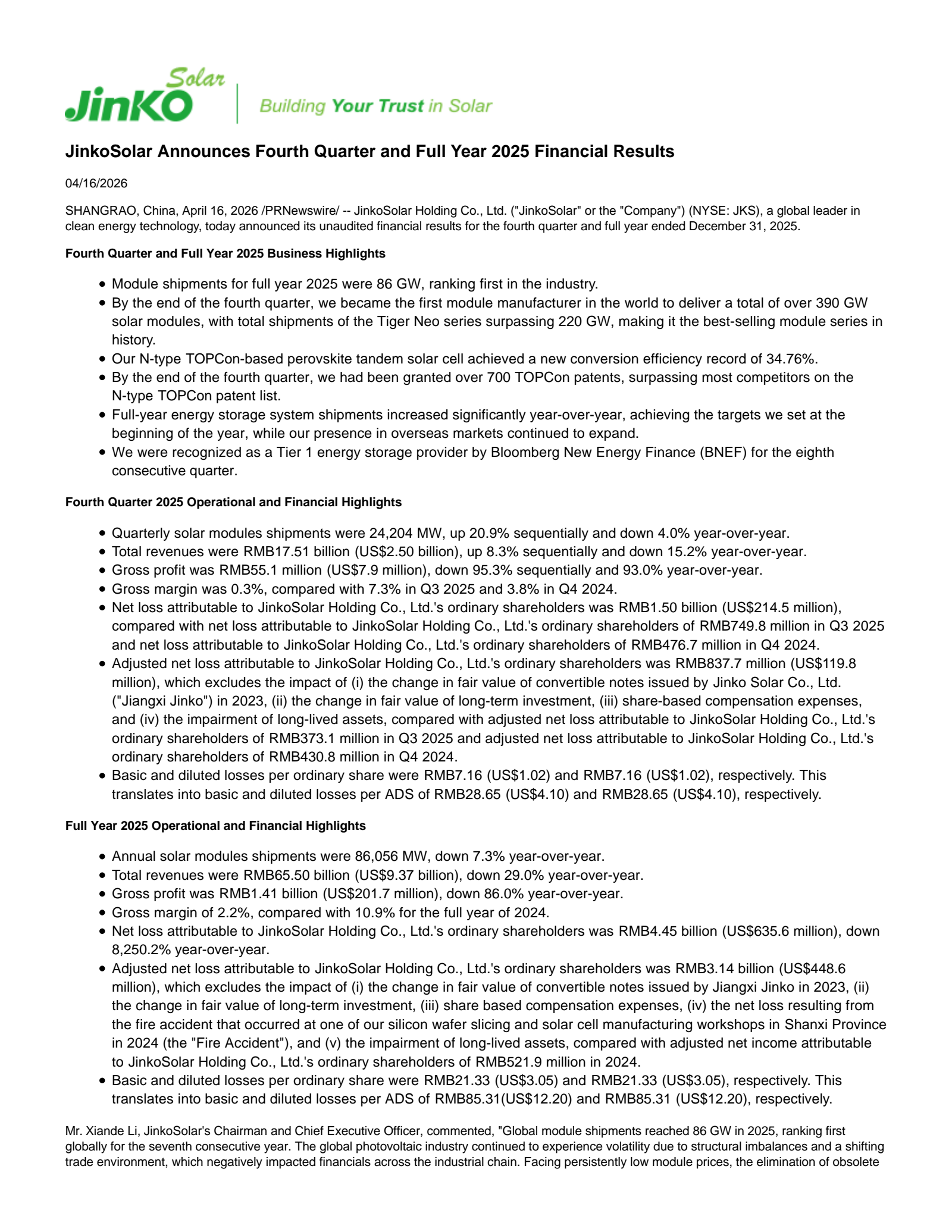 JinkoSolar's Q4 2025 Press Release