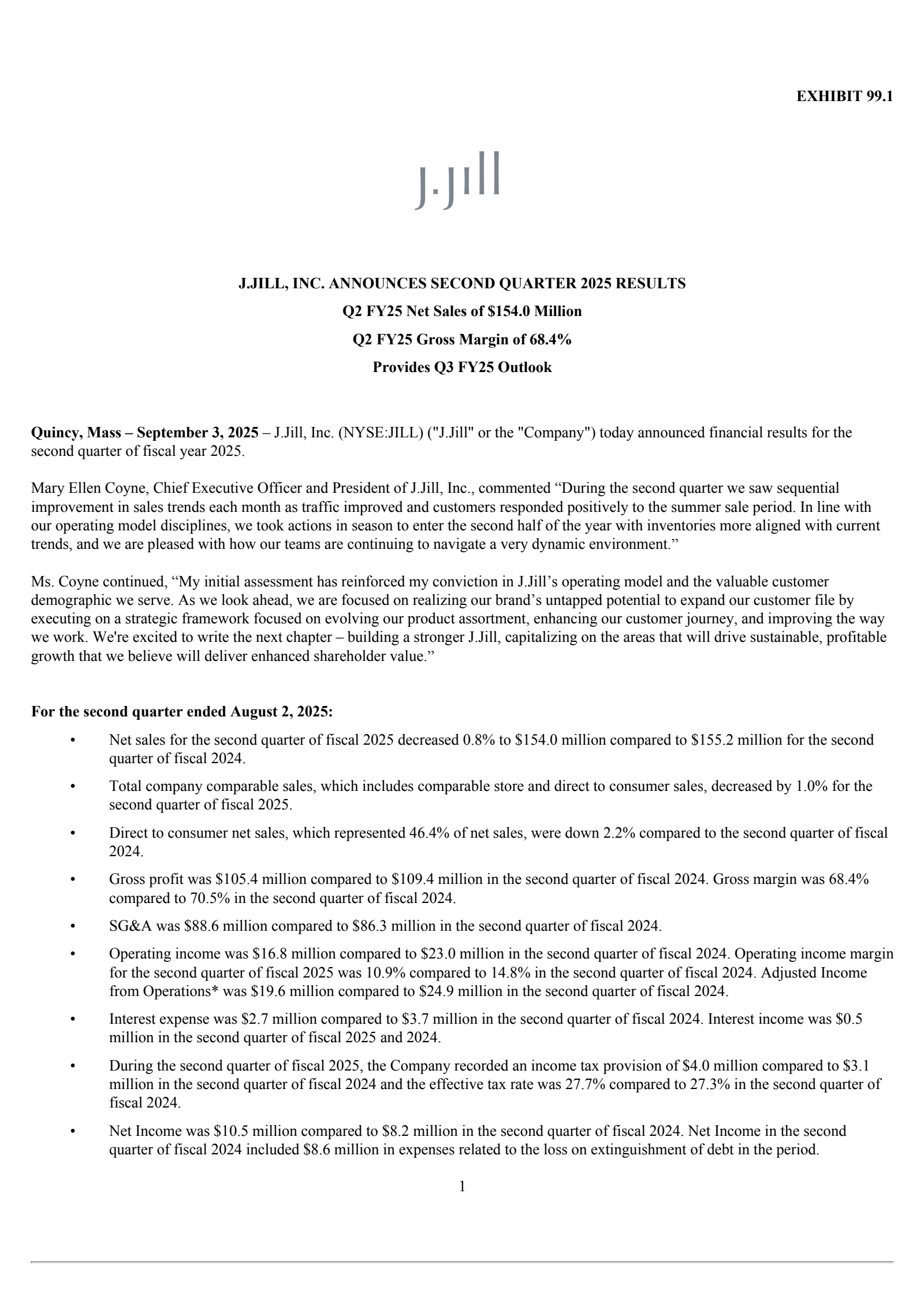 J.Jill's Q2 2026 Press Release