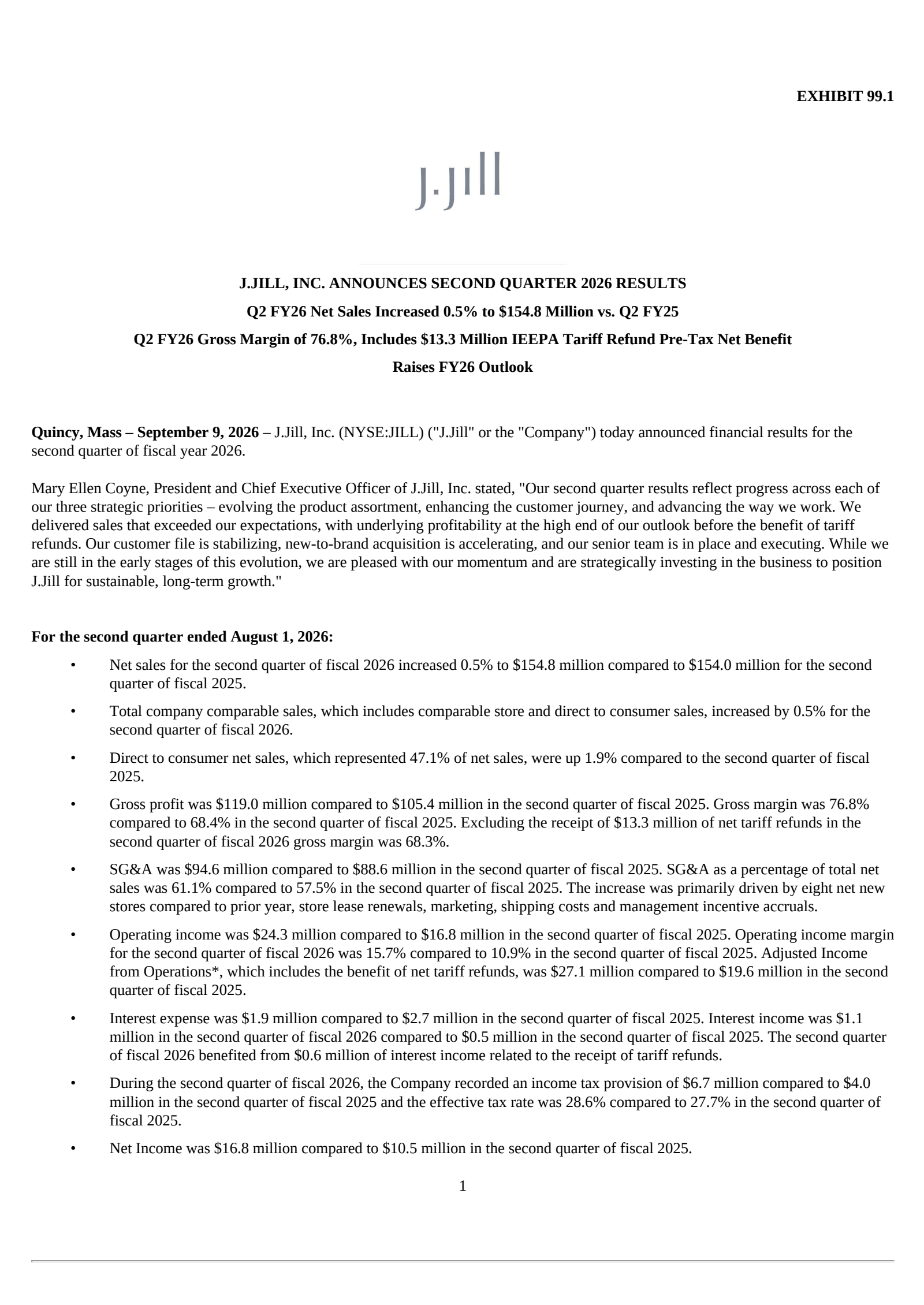J.Jill's Q2 2027 Press Release