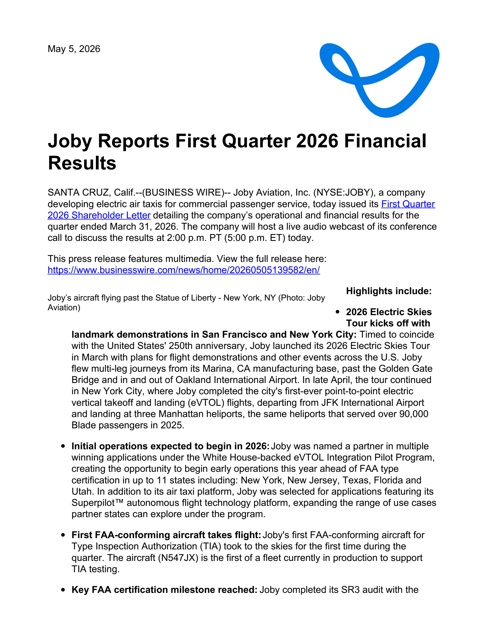 Joby Aviation's Q1 2026 Press Release