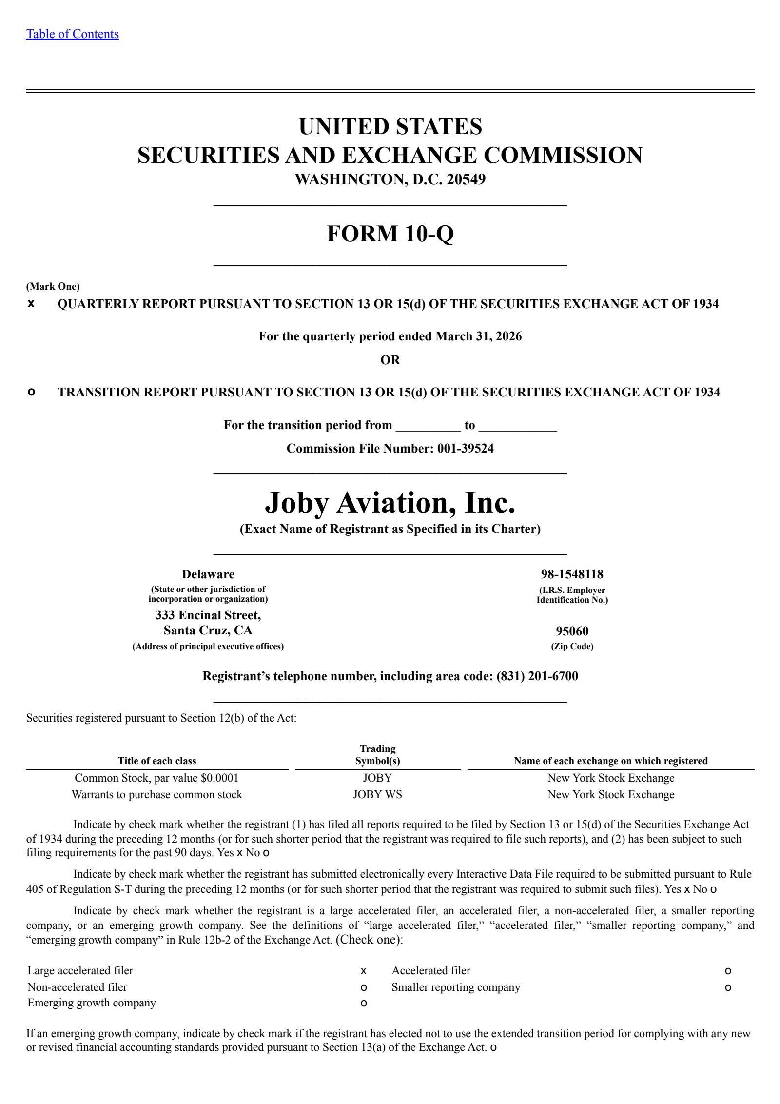 Joby Aviation's Q1 2026 Quarterly report