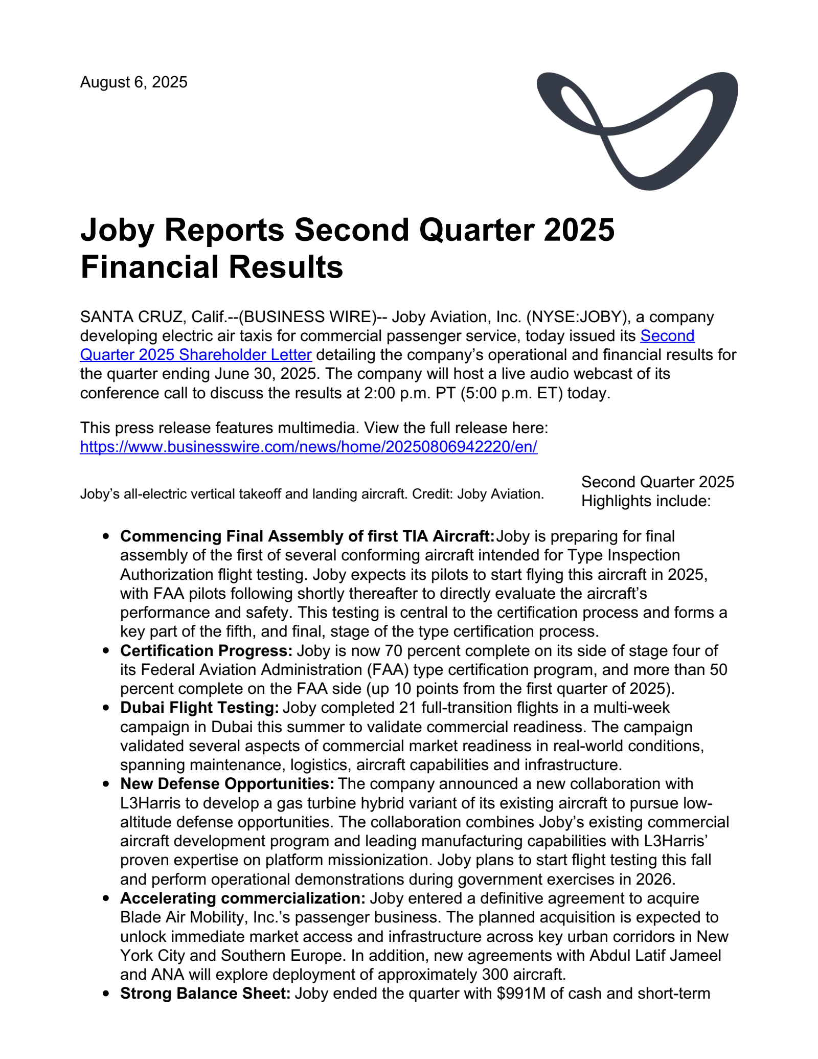 Joby Aviation's Q2 2025 Earnings Release