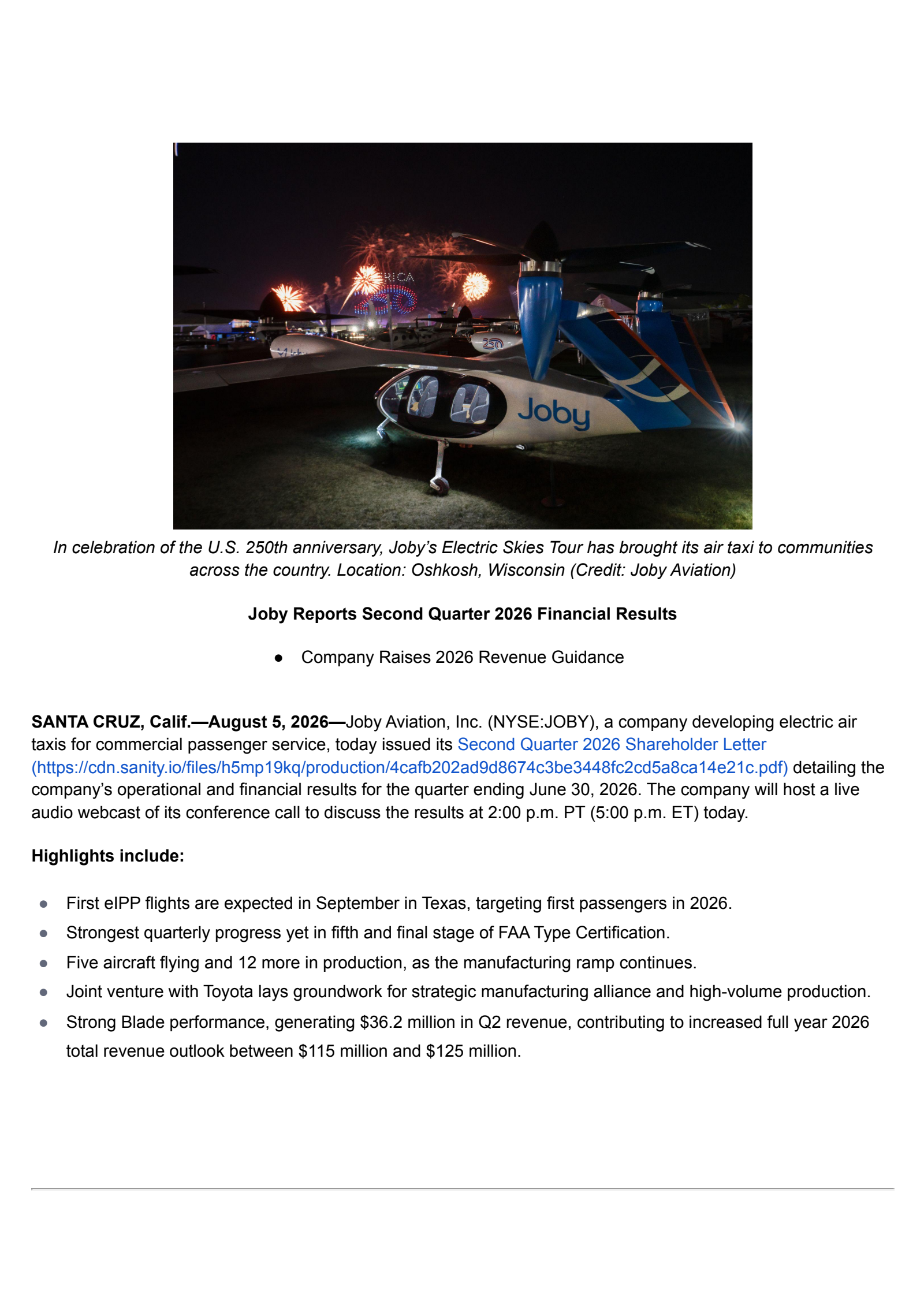 Joby Aviation's Q2 2026 Press Release